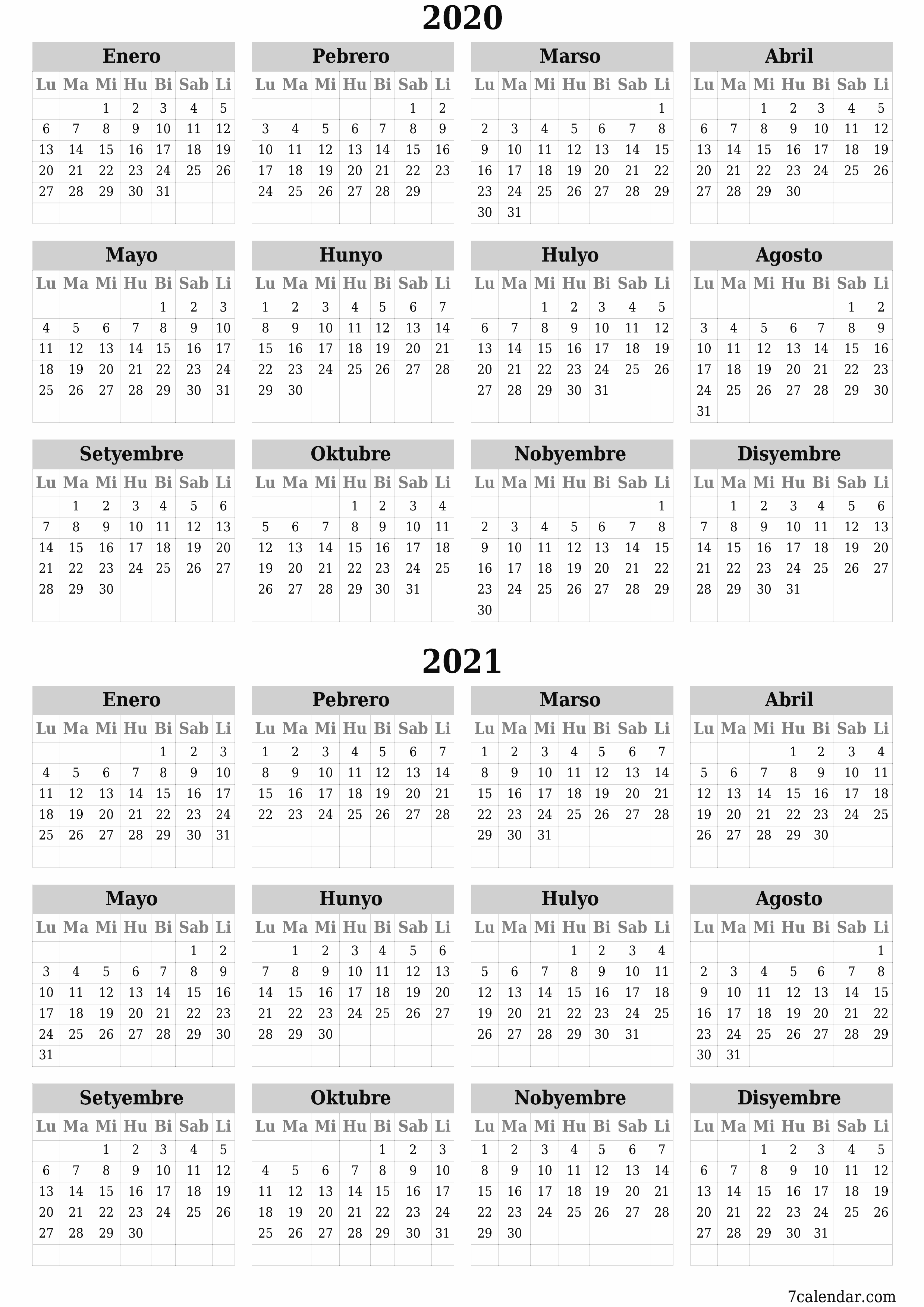 Walang laman ang taunang kalendaryo ng tagaplano para sa taong 2020, 2021 na may mga tala, i-save at i-print sa PDF PNG Filipino