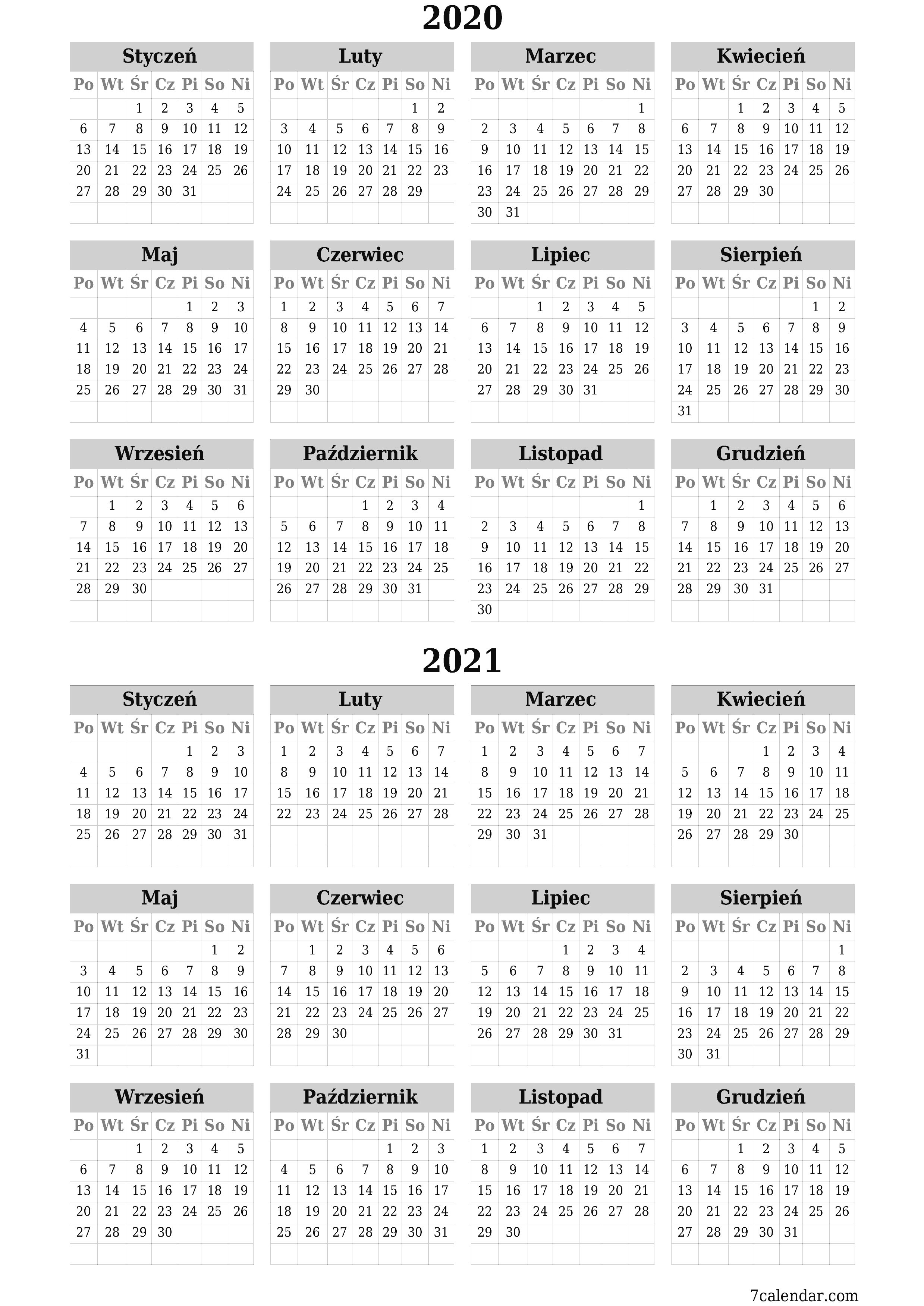 Opróżnij kalendarz rocznego planowania na rok 2020, 2021 z notatkami, zapisz i wydrukuj w formacie PDF PNG Polish