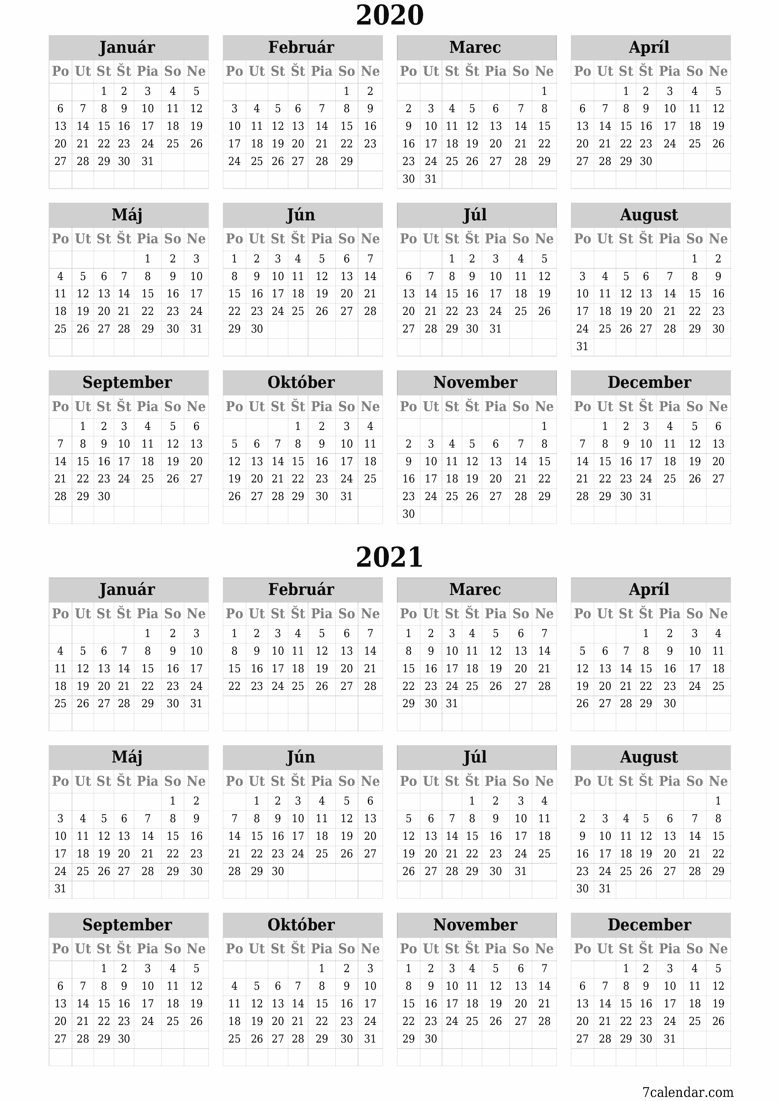 Prázdny ročný kalendár plánovača na rok 2020, 2021 s poznámkami, uložením a tlačou do formátu PDF PNG Slovak