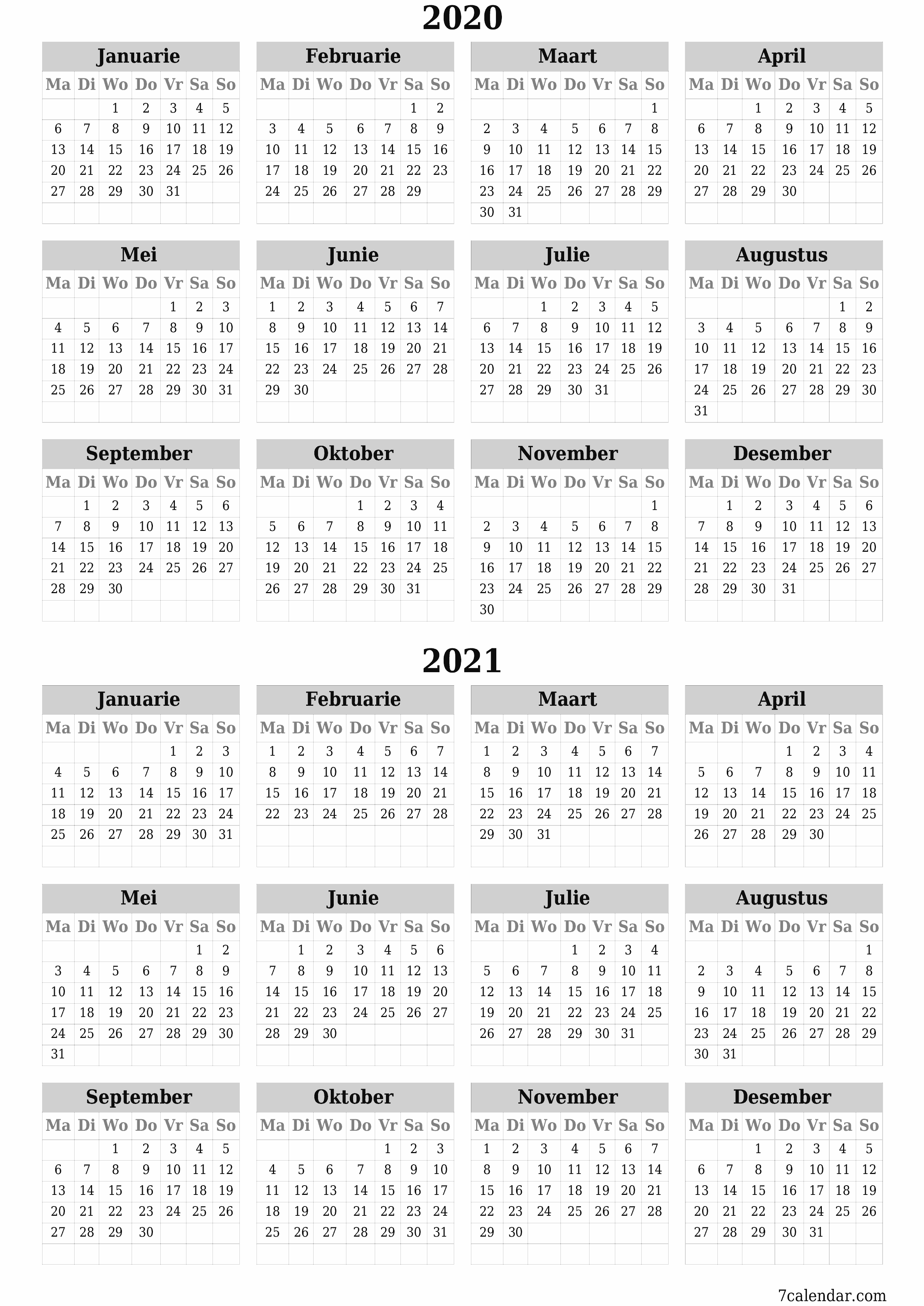 Leë jaarlikse drukbare kalender en beplanner vir die jaar 2020, 2021 met notas, stoor en druk na PDF PNG Afrikaans