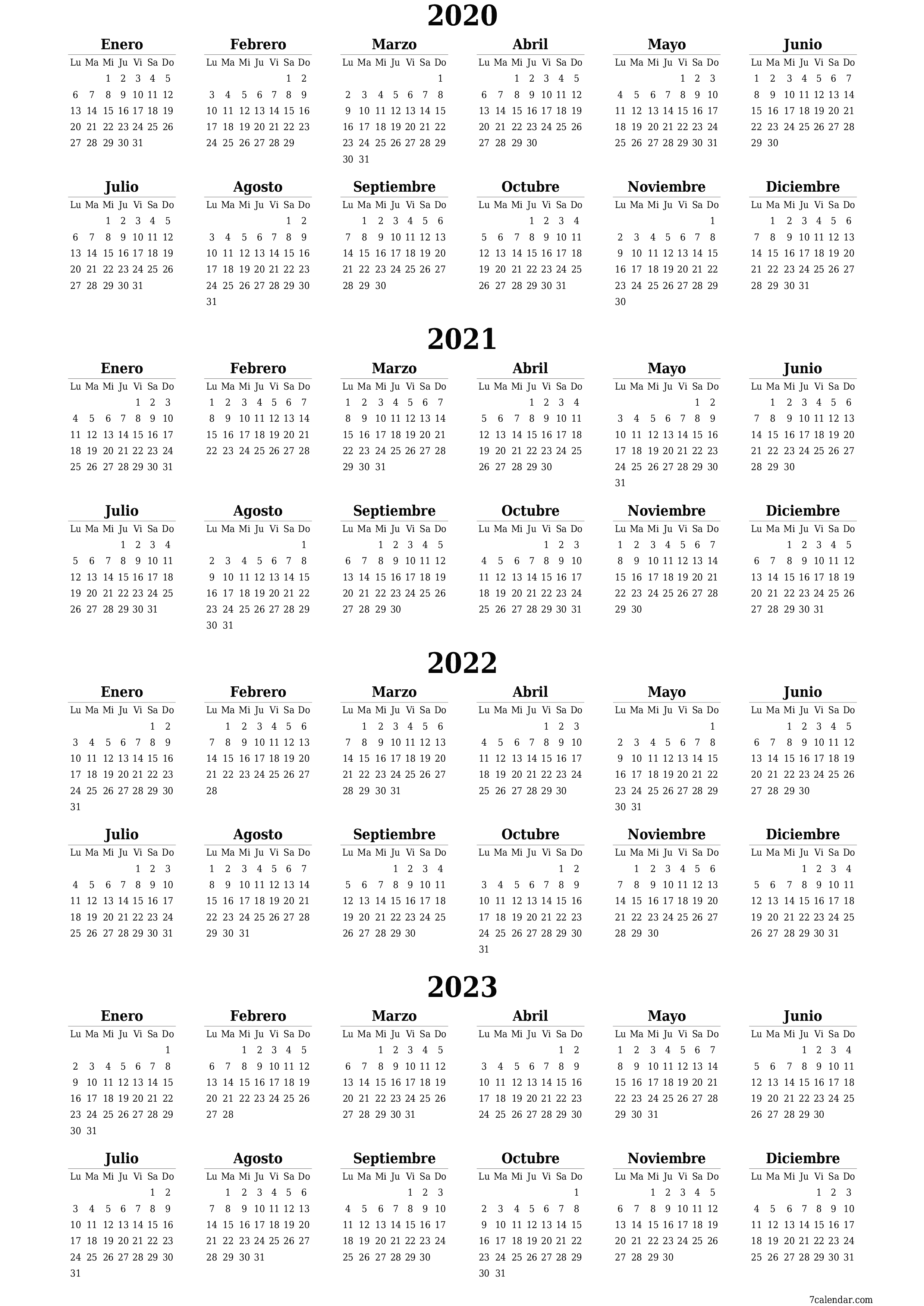 Calendario planificador anual vacío para el año 2020, 2021, 2022, 2023 con notas, guardar e imprimir en PDF PNG Spanish