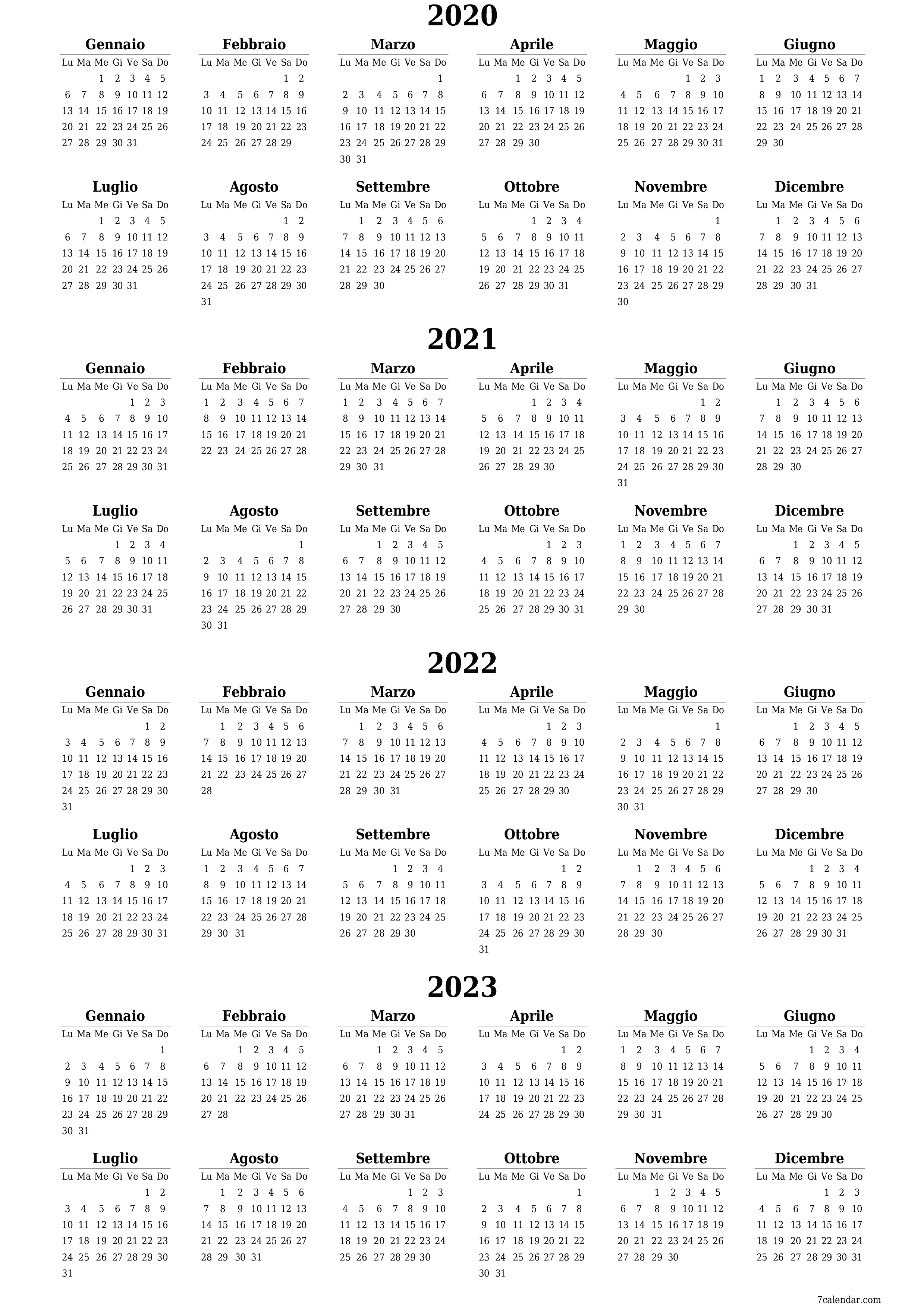 Calendario pianificatore annuale vuoto per l'anno 2020, 2021, 2022, 2023 con note, salva e stampa in PDF PNG Italian