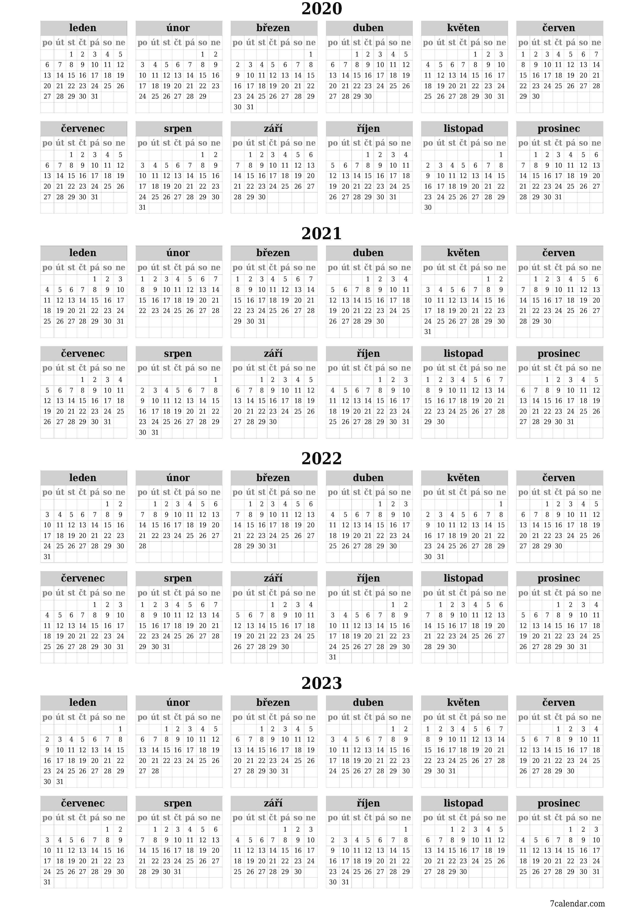 Prázdný roční kalendář plánovače pro rok 2020, 2021, 2022, 2023 s poznámkami, uložením a tiskem do PDF PNG Czech