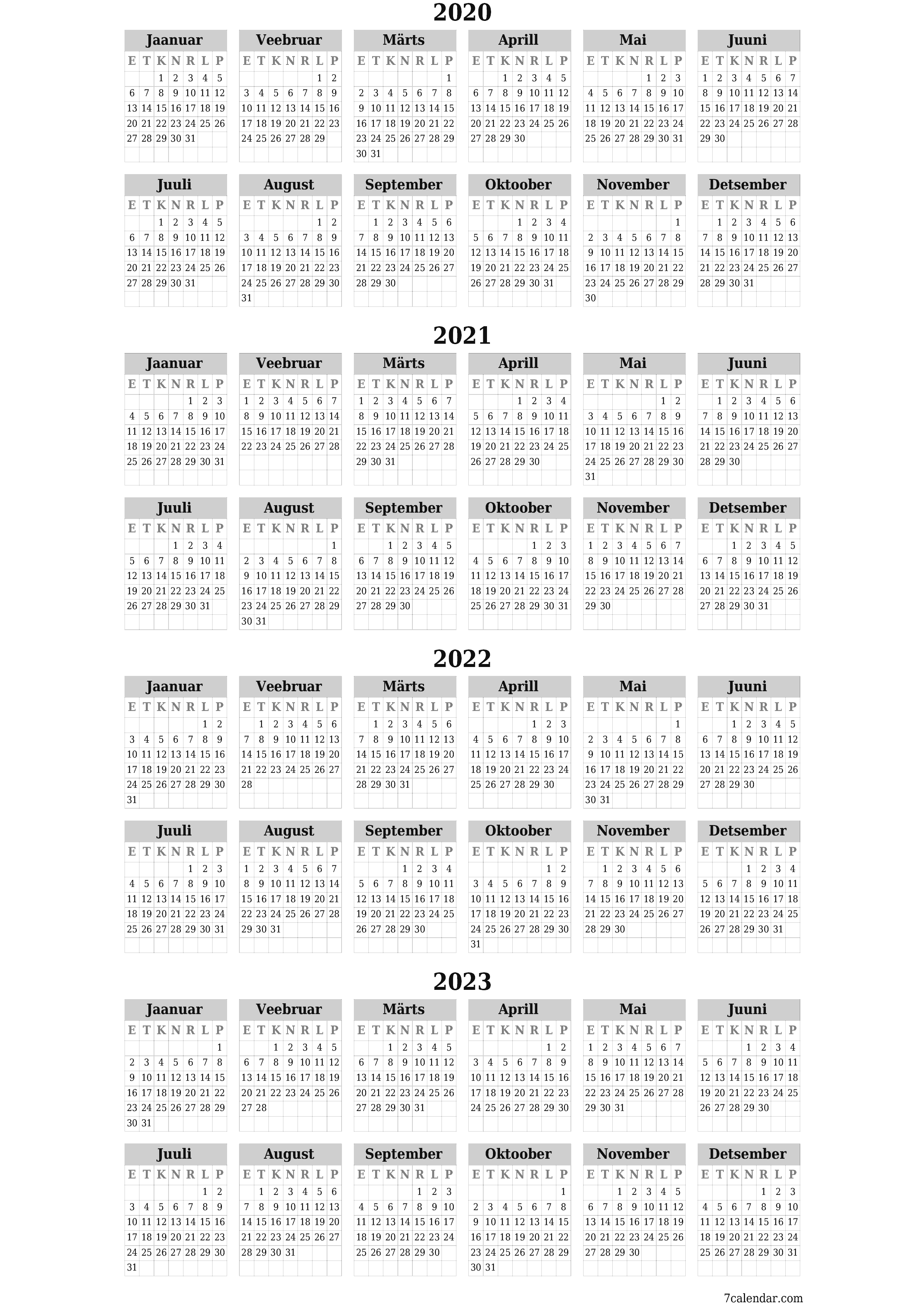 Tühi aasta planeerija kalender aastaks 2020, 2021, 2022, 2023 koos märkmetega, salvestage ja printige PDF-i PNG Estonian