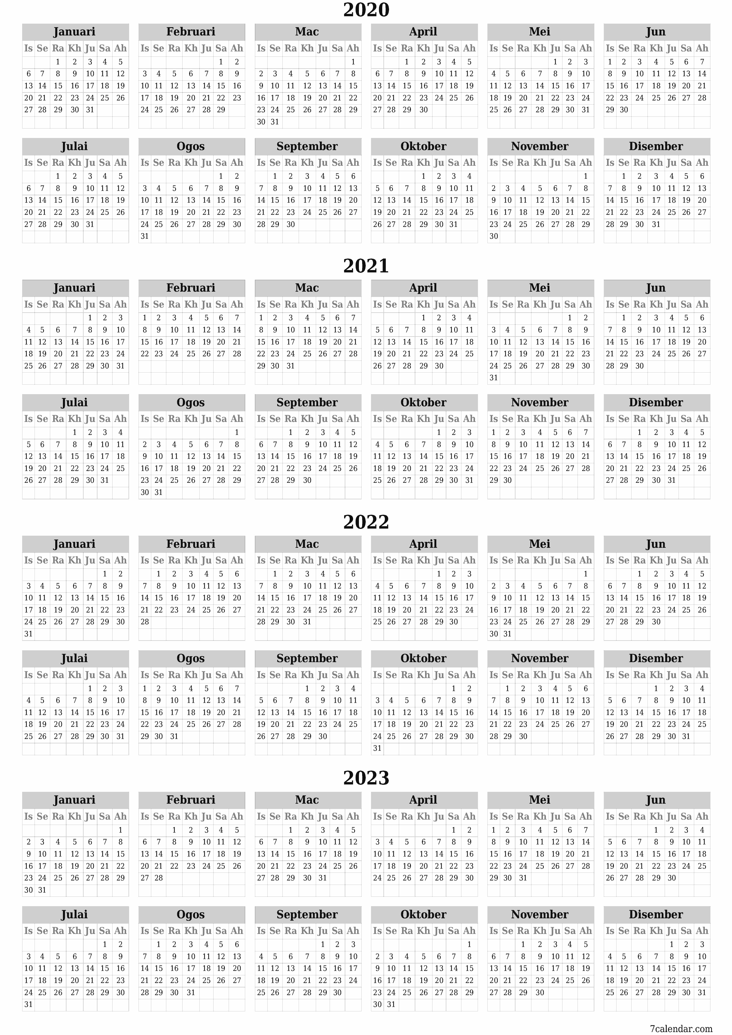 Kalendar perancang tahunan kosong untuk tahun ini 2020, 2021, 2022, 2023 dengan nota, simpan dan cetak ke PDF PNG Malay