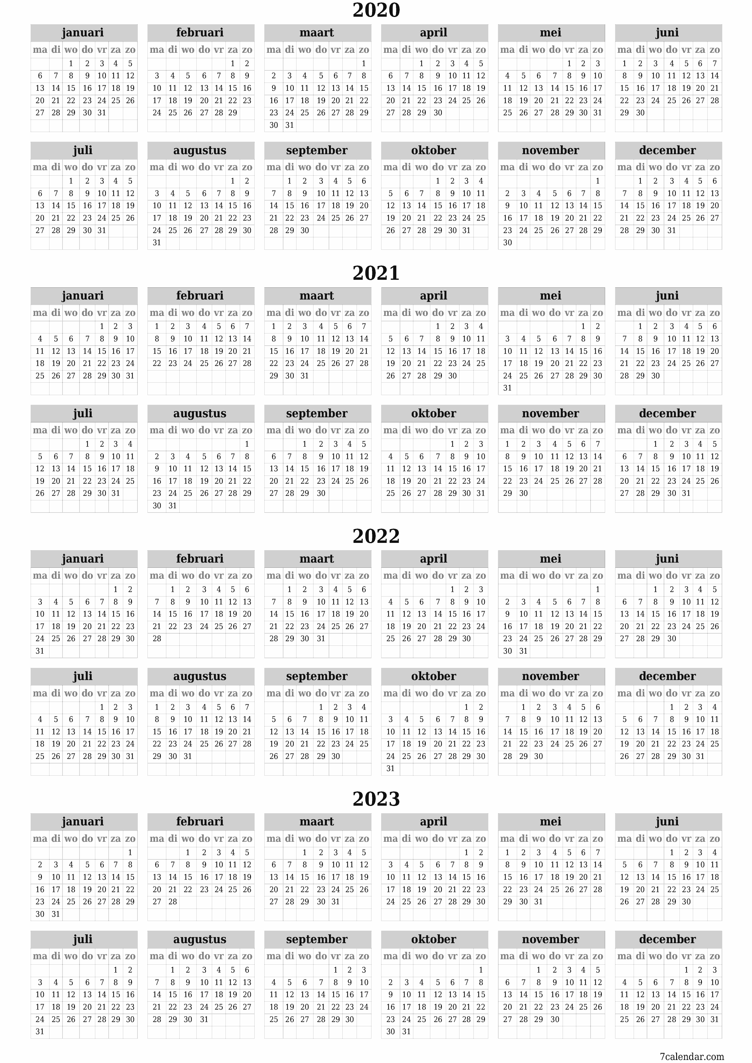Lege jaarplanningskalender voor het jaar 2020, 2021, 2022, 2023 met notities, opslaan en afdrukken naar pdf PNG Dutch
