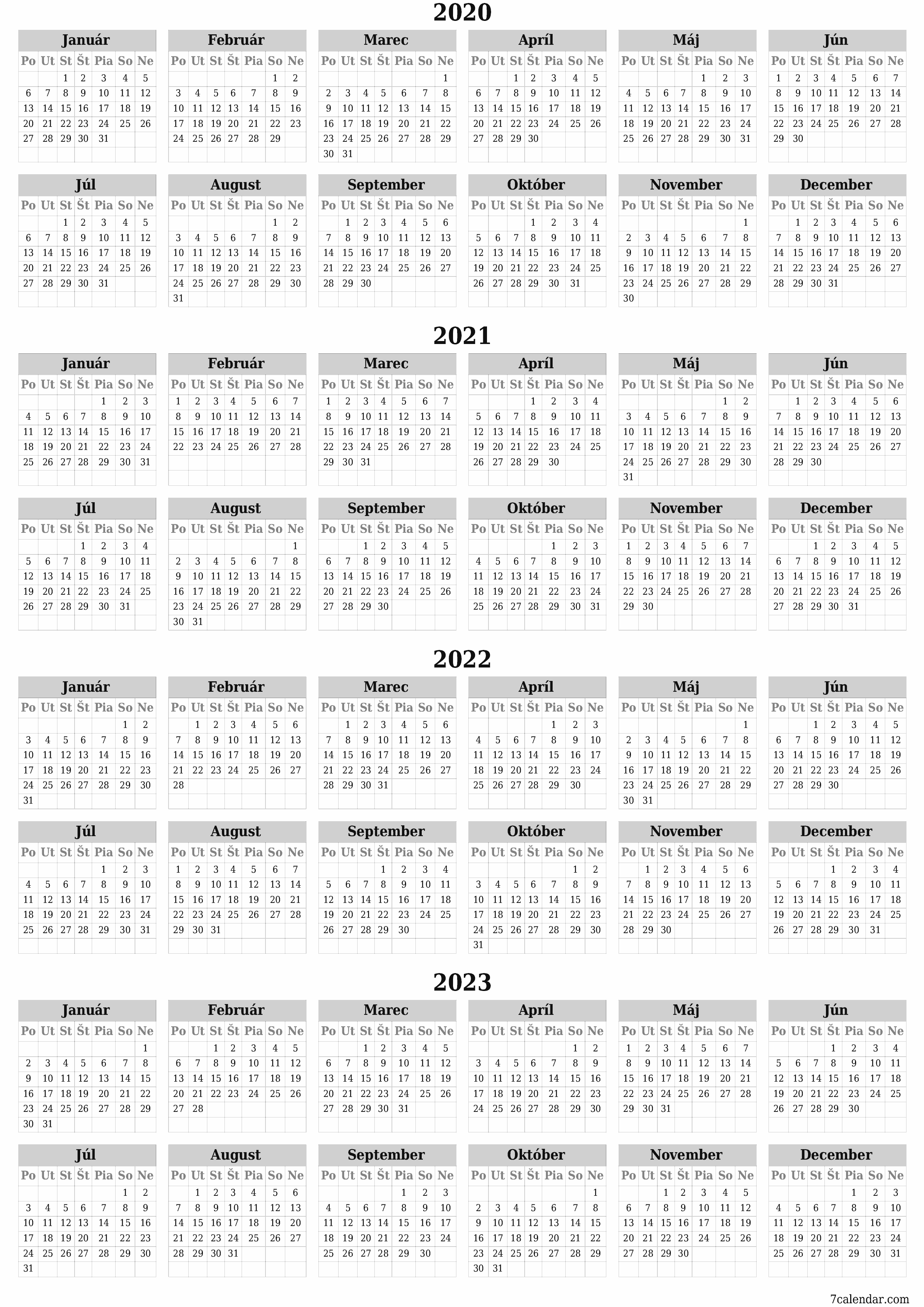Prázdny ročný kalendár plánovača na rok 2020, 2021, 2022, 2023 s poznámkami, uložením a tlačou do formátu PDF PNG Slovak