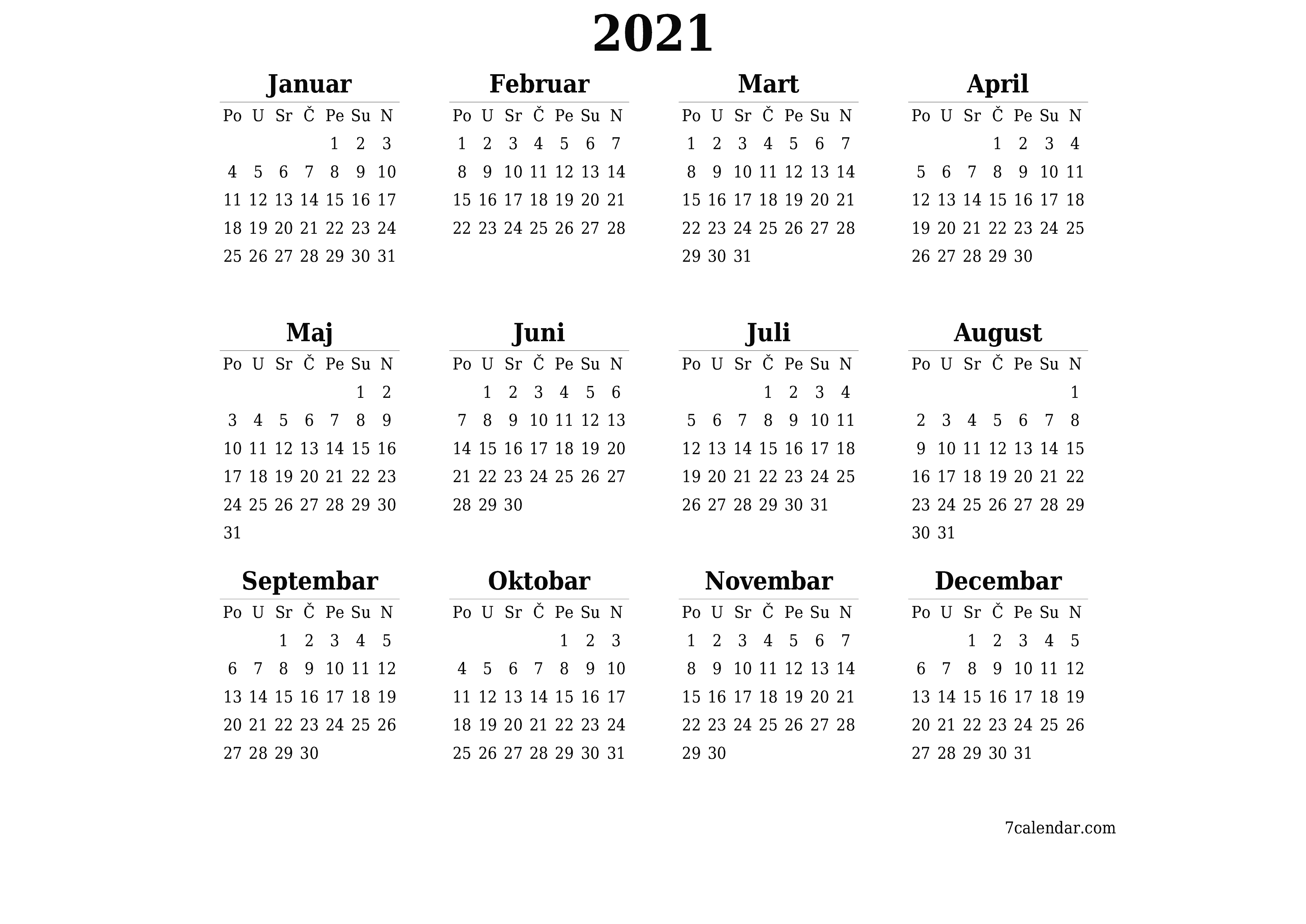Ispraznite godišnji kalendar planera za godinu 2021 s bilješkama, spremite i ispišite u PDF PNG Bosnian