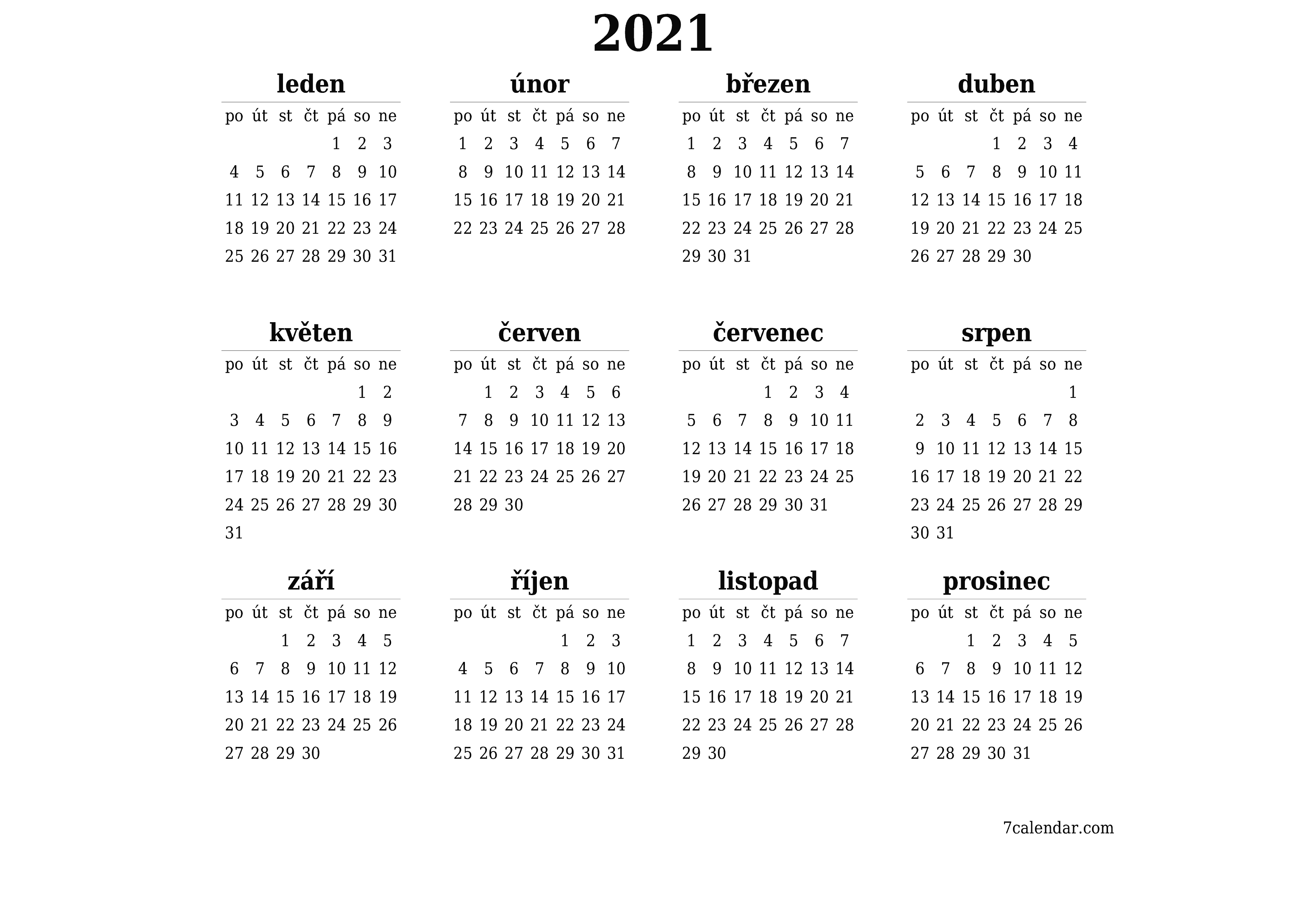 Prázdný roční kalendář pro rok 2021 uložit a vytisknout do PDF PNG Czech - 7calendar.com