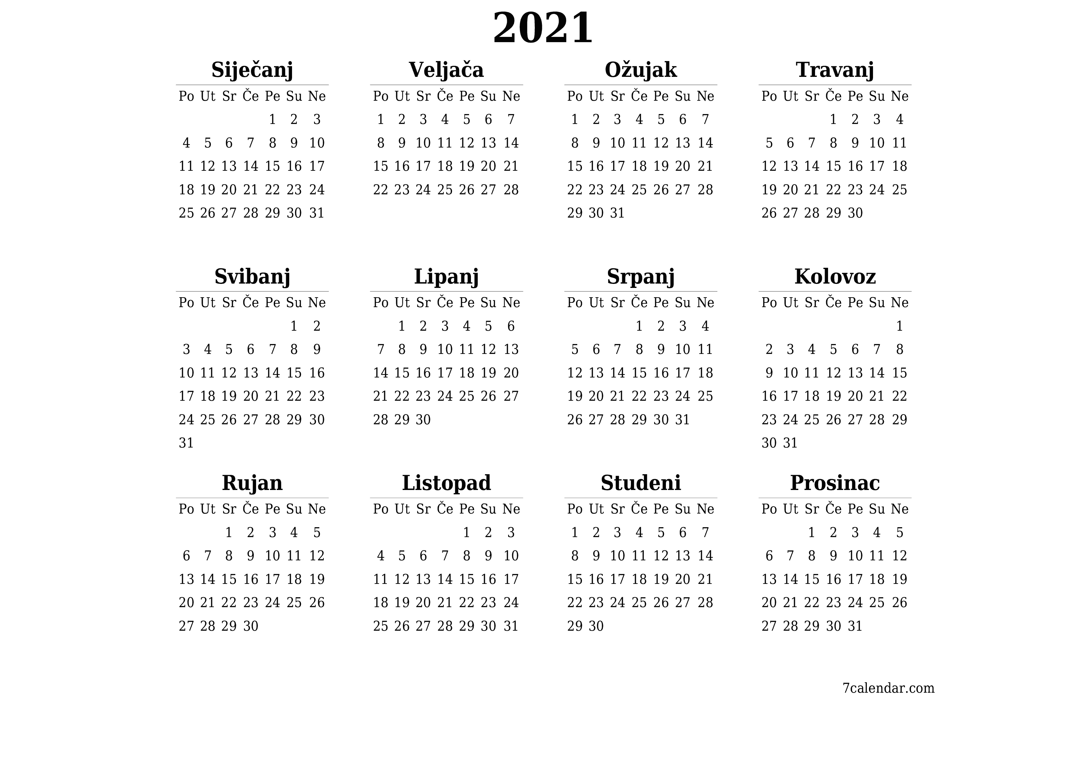Ispraznite godišnji kalendar planera za godinu 2021 s bilješkama, spremite i ispišite u PDF PNG Croatian
