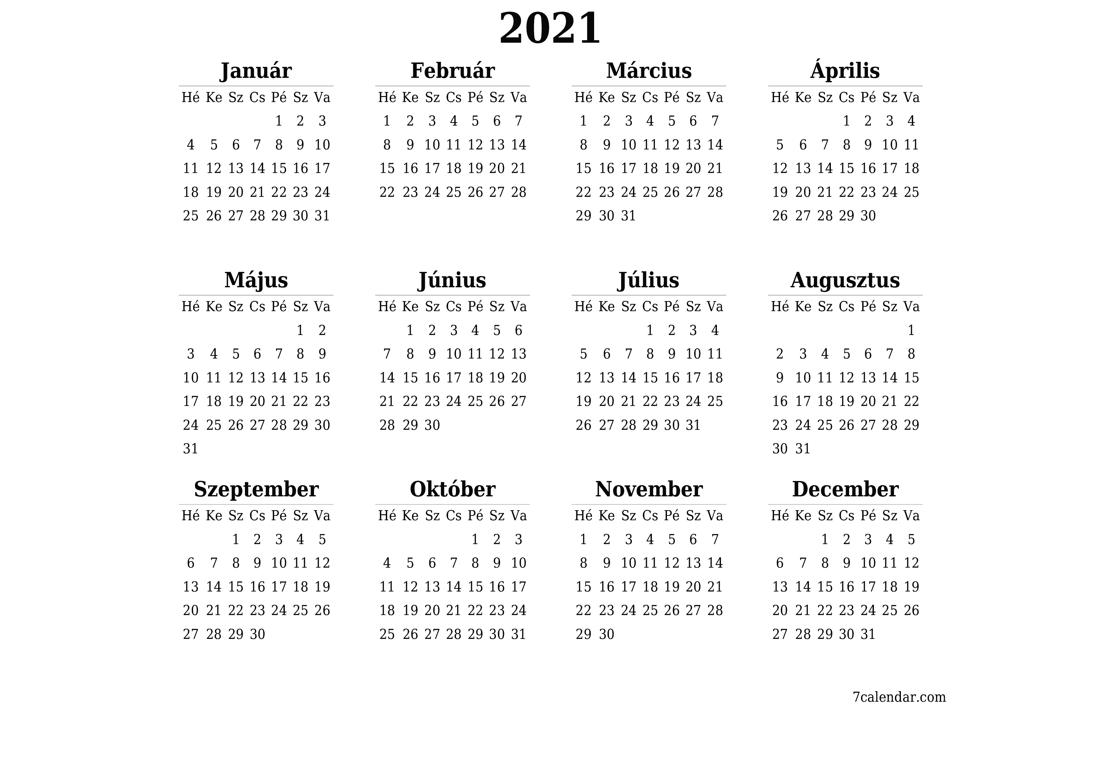 nyomtatható fali sablon ingyenes vízszintes Éves naptár Június (Jún) 2021
