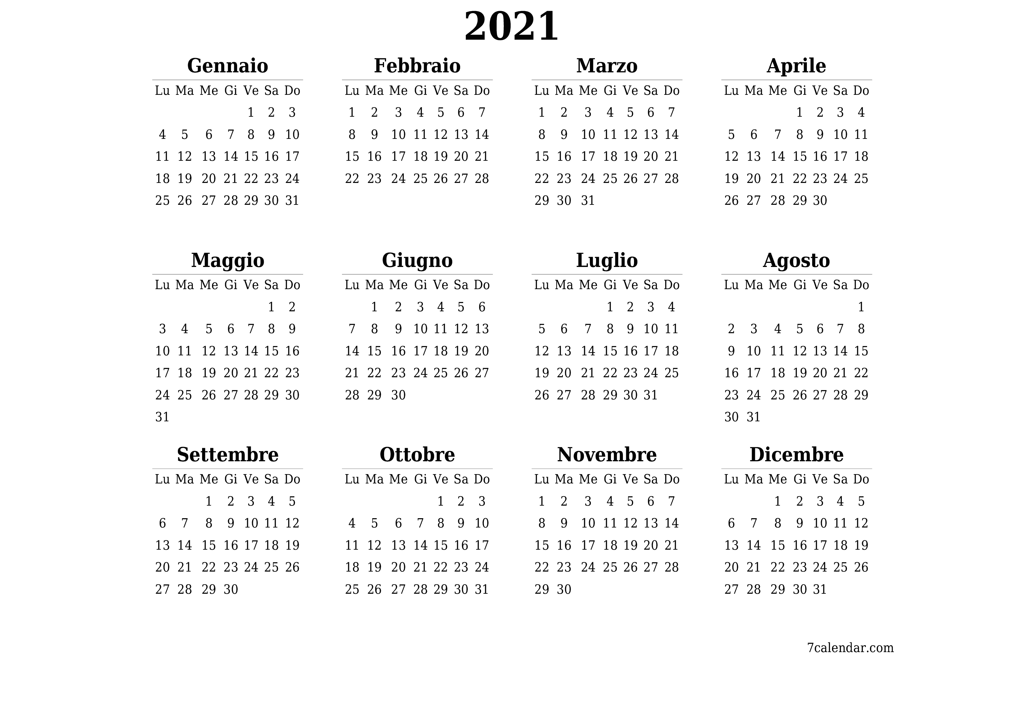  stampabile da parete modello di gratuitoorizzontale Annuale calendario Febbraio (Feb) 2021
