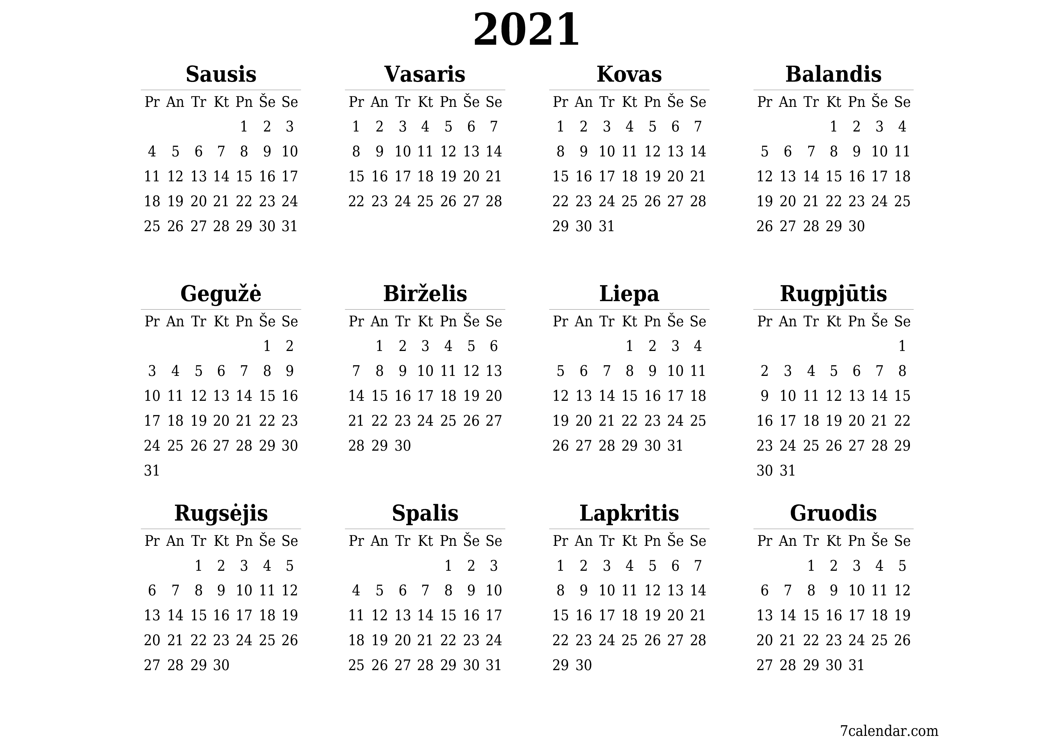 Tuščias metų planavimo kalendorius 2021 su užrašais, išsaugokite ir atsispausdinkite PDF formatu PNG Lithuanian - 7calendar.com
