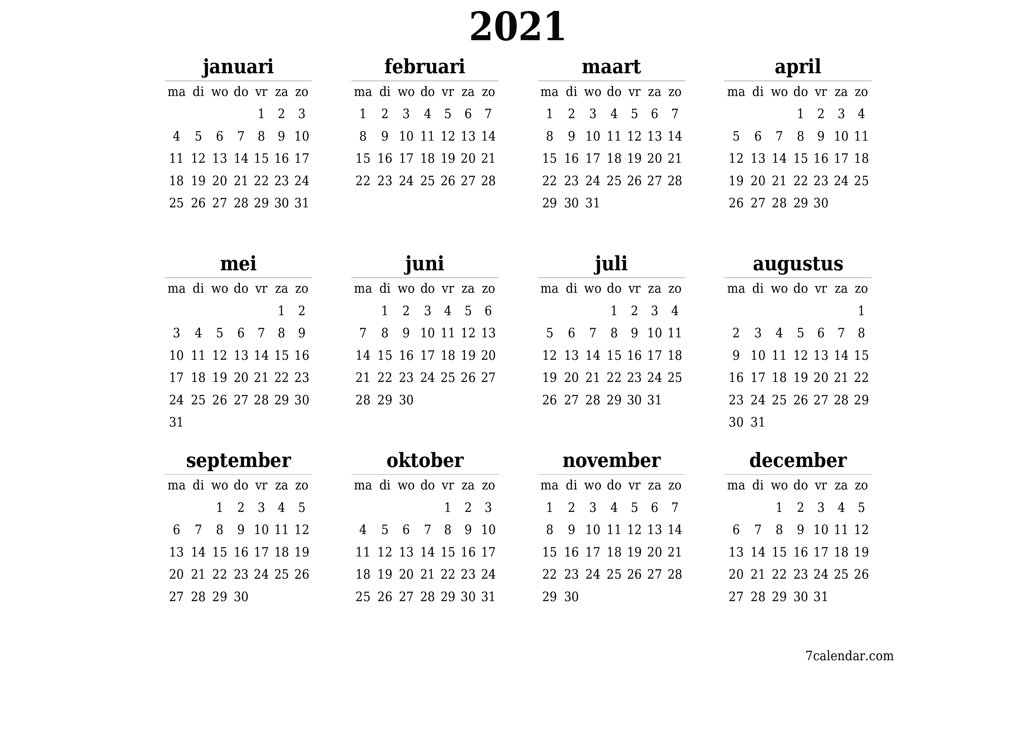 Lege jaarplanningskalender voor het jaar 2021 met notities, opslaan en afdrukken naar pdf PNG Dutch