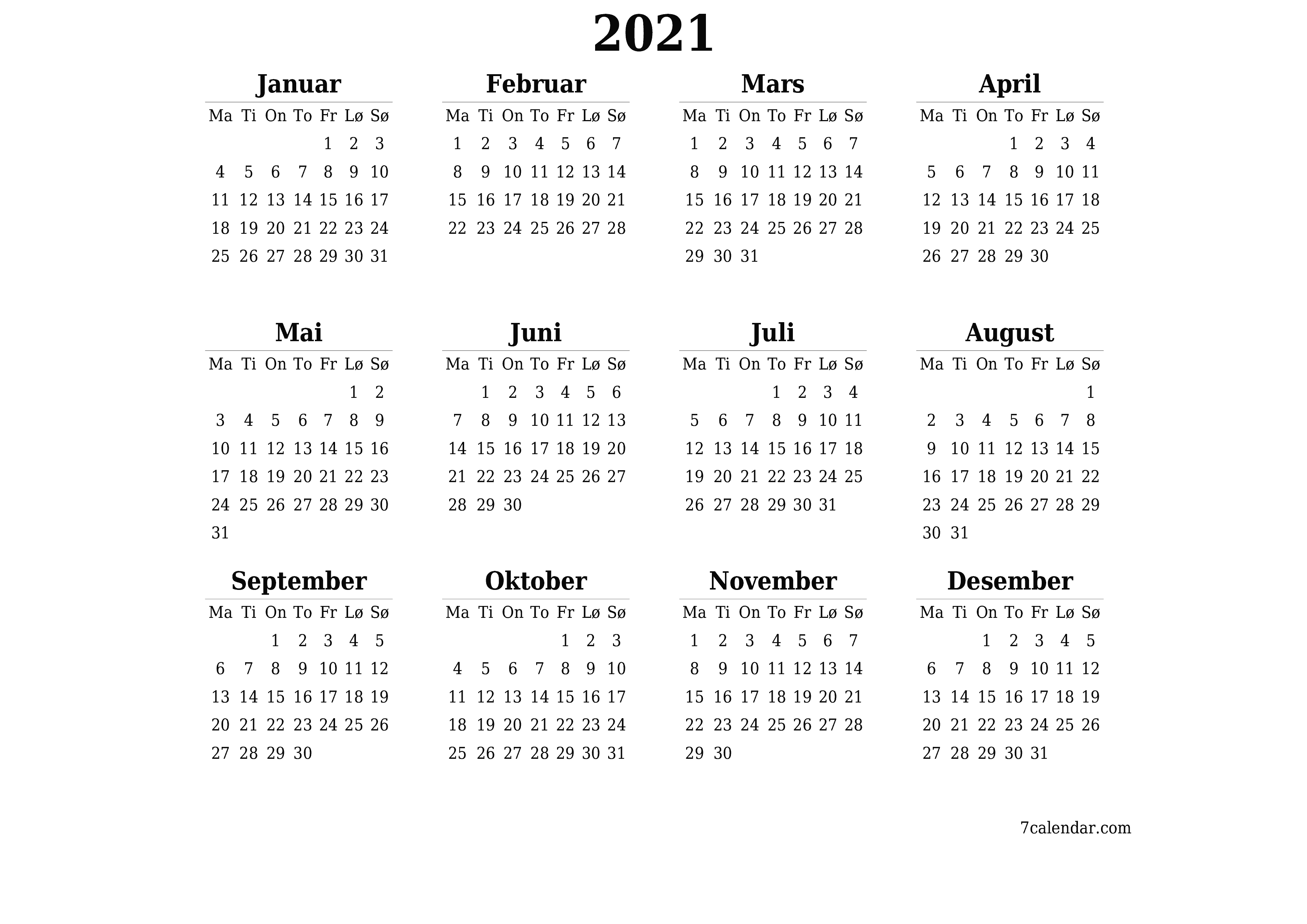 Tom årlig planleggerkalender for året 2021 med notater, lagre og skrive ut i PDF PNG Norwegian