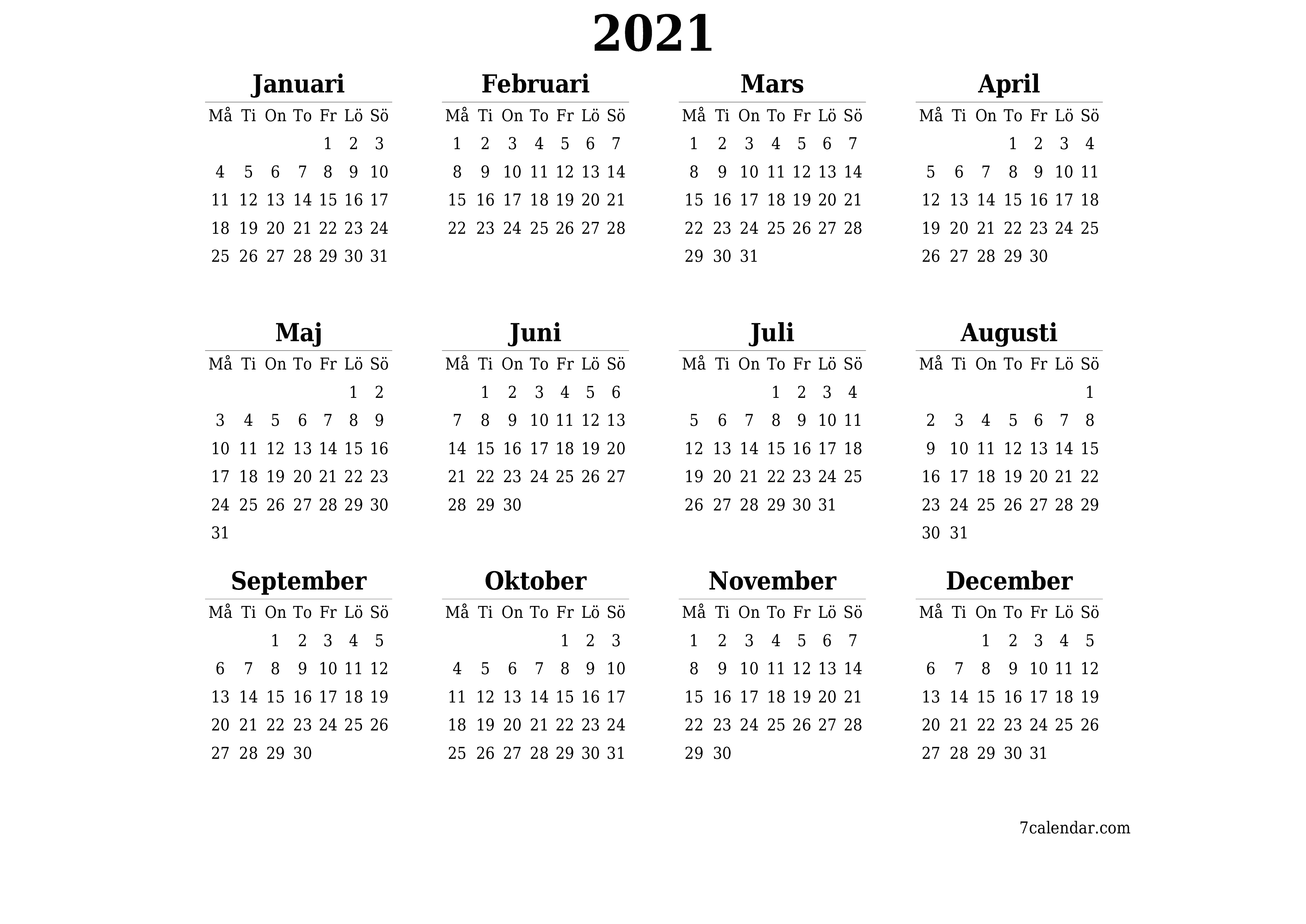 utskrivbar vägg mall gratis horisontell Årlig kalender Januari (Jan) 2021