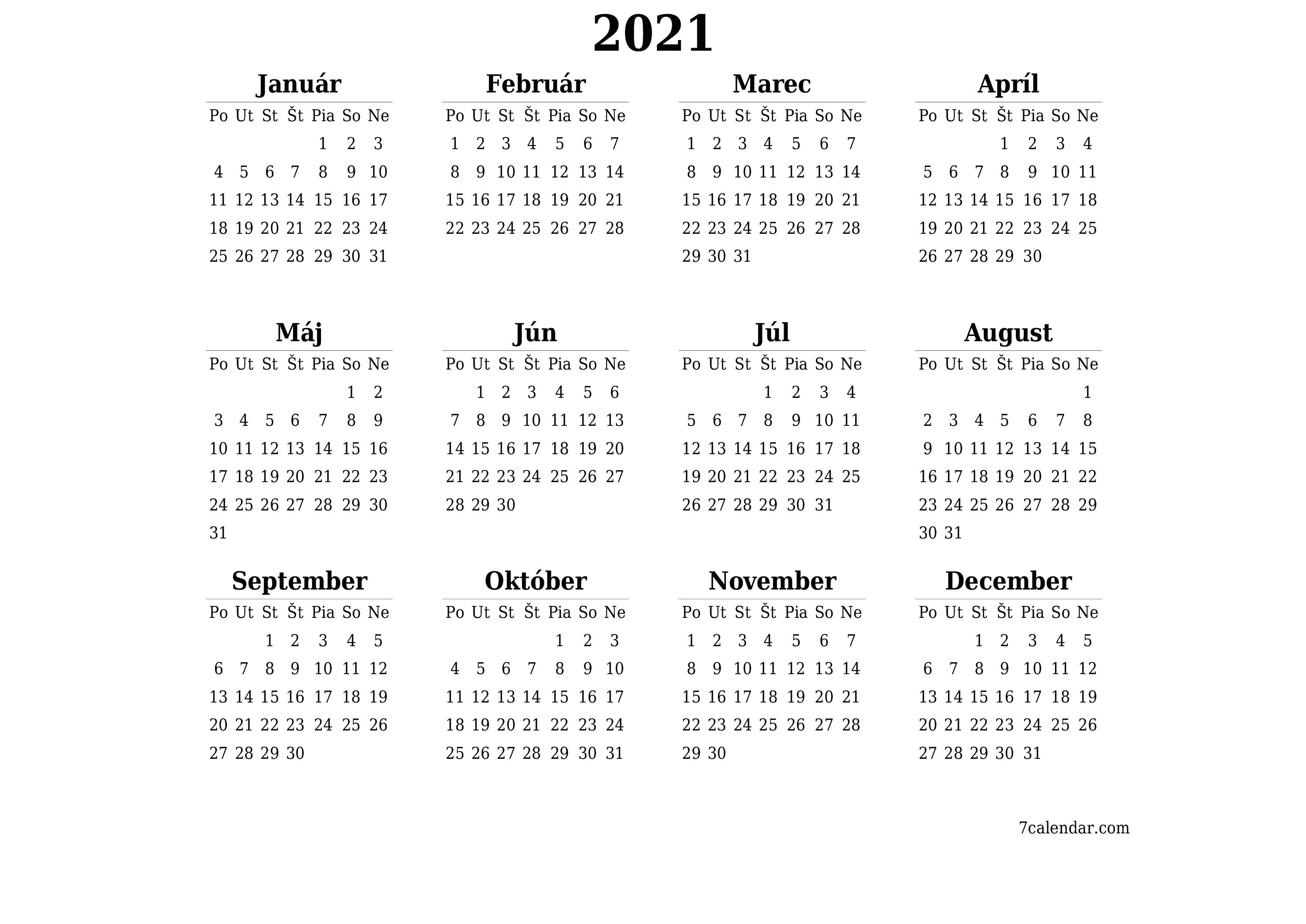 Prázdny ročný kalendár plánovača na rok 2021 s poznámkami, uložením a tlačou do formátu PDF PNG Slovak - 7calendar.com