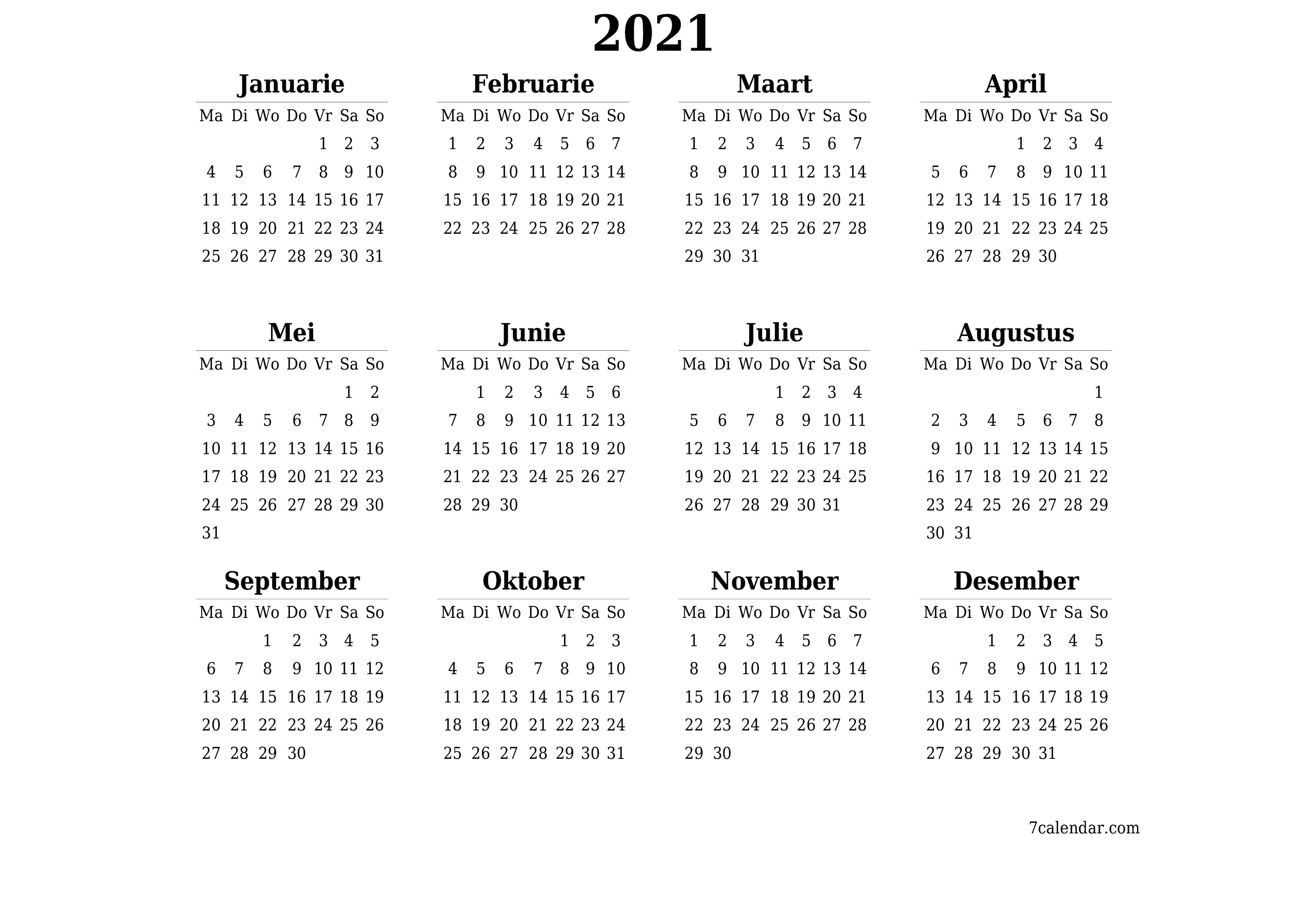 drukbare muur template gratis horisontaal Jaarliks kalender Januarie (Jan) 2021