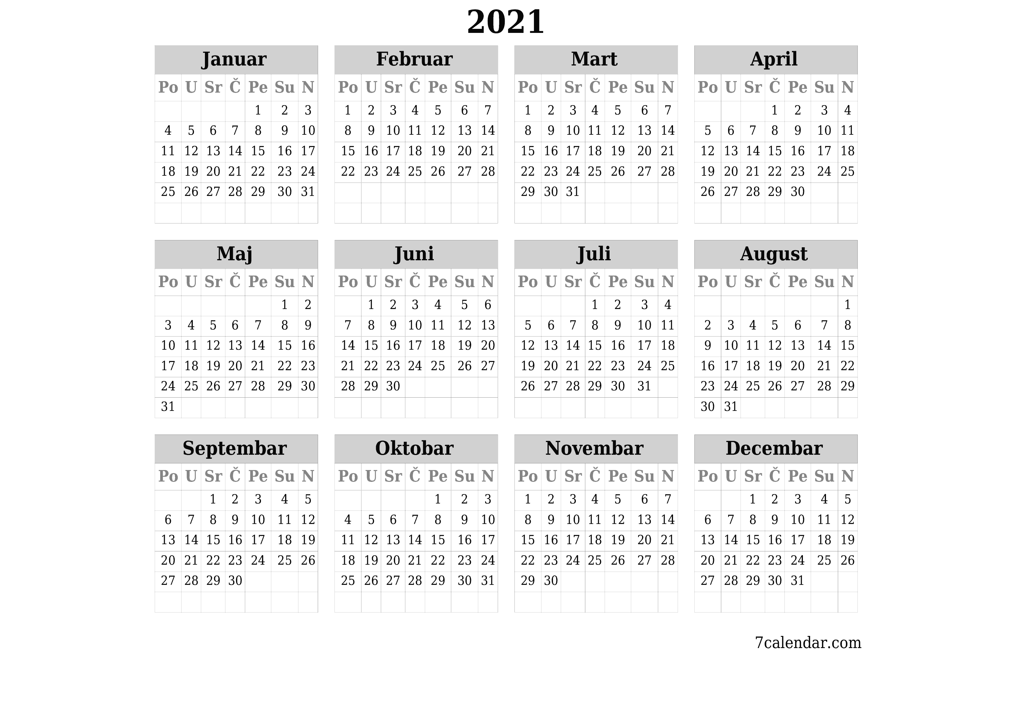 Prazan godišnji kalendar za godinu 2021 spremite i ispišite u PDF-u PNG Bosnian - 7calendar.com