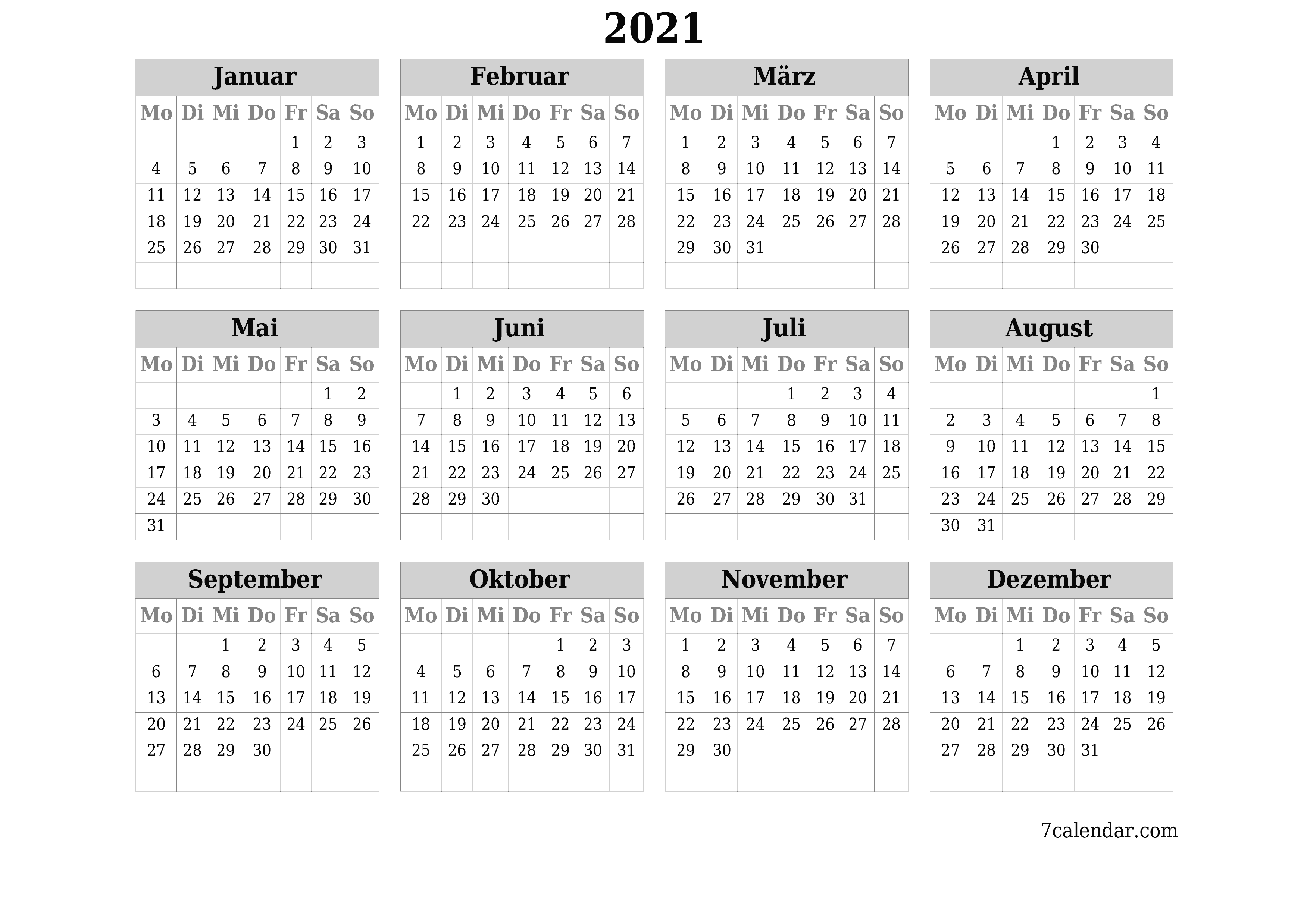 Jahresplanerkalender für das Jahr 2021 mit Notizen leeren, speichern und als PDF PNG German - 7calendar.com drucken