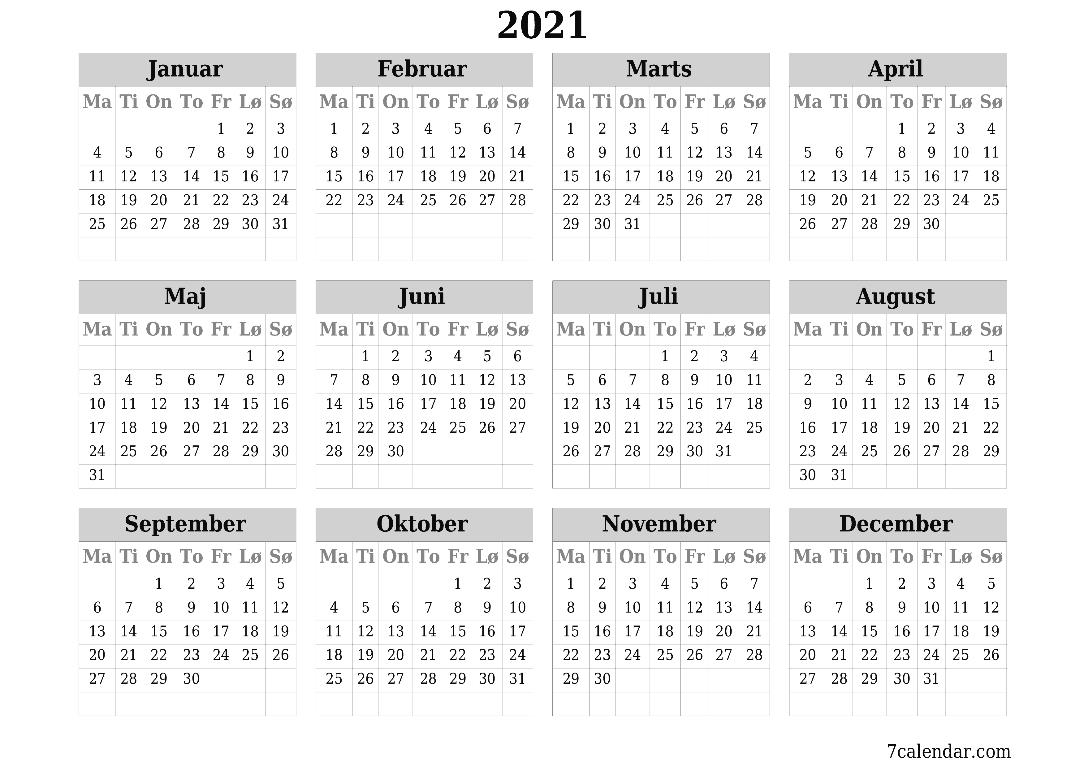 udskrivbar væg skabelon gratis vandret Årligt kalender Januar (Jan) 2021