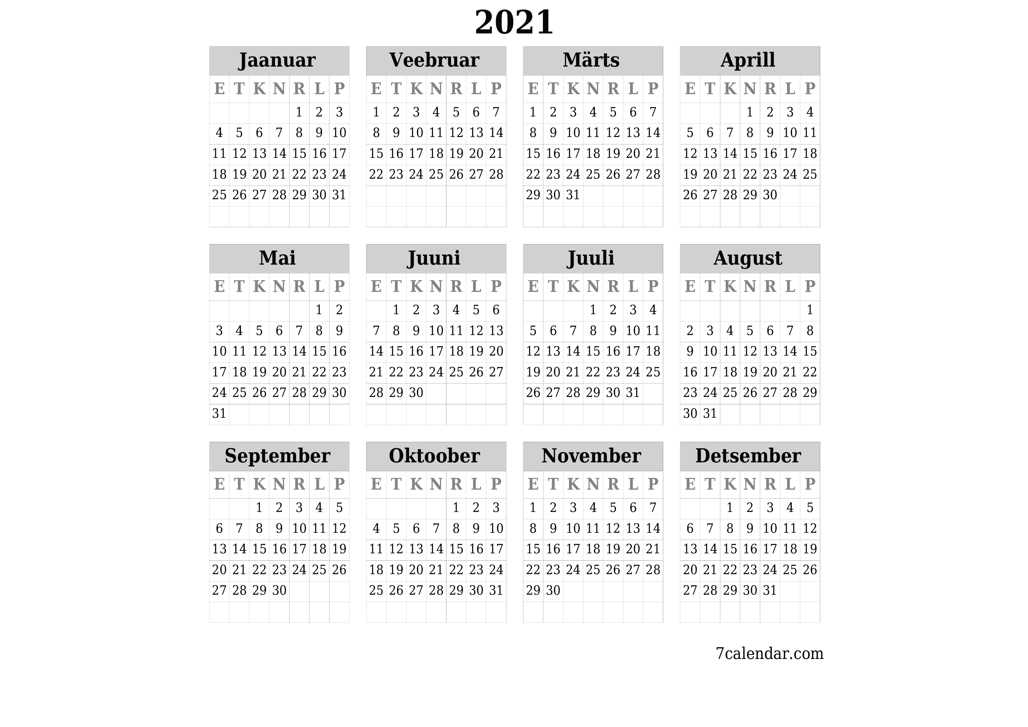 Tühi aasta planeerija kalender aastaks 2021 koos märkmetega, salvestage ja printige PDF-i PNG Estonian