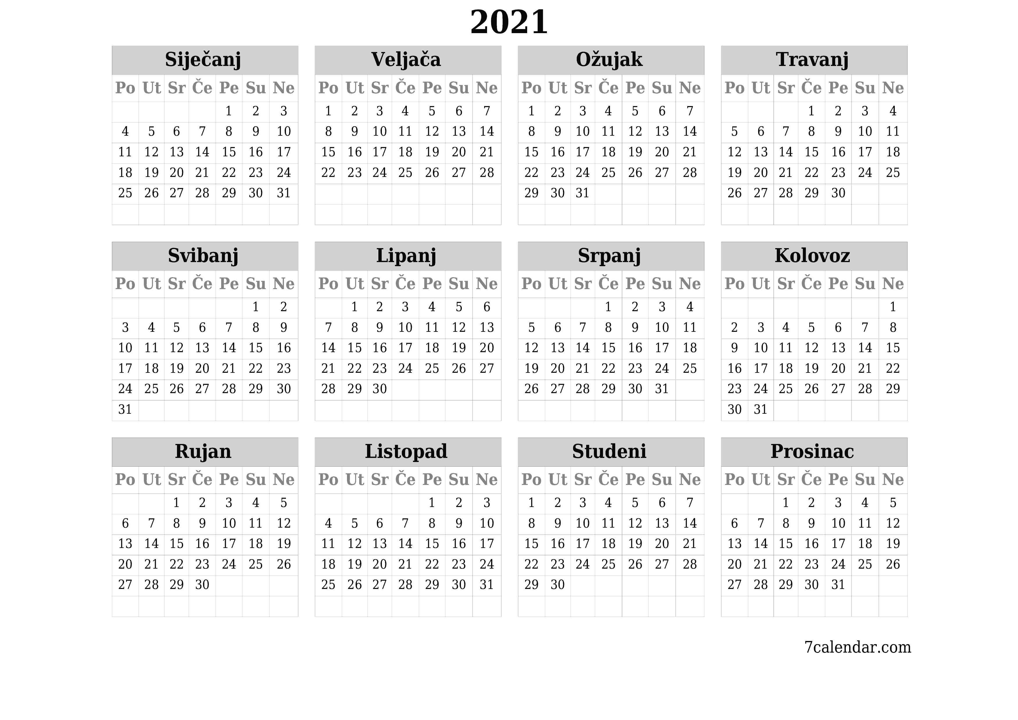 Ispraznite godišnji kalendar planera za godinu 2021 s bilješkama, spremite i ispišite u PDF PNG Croatian