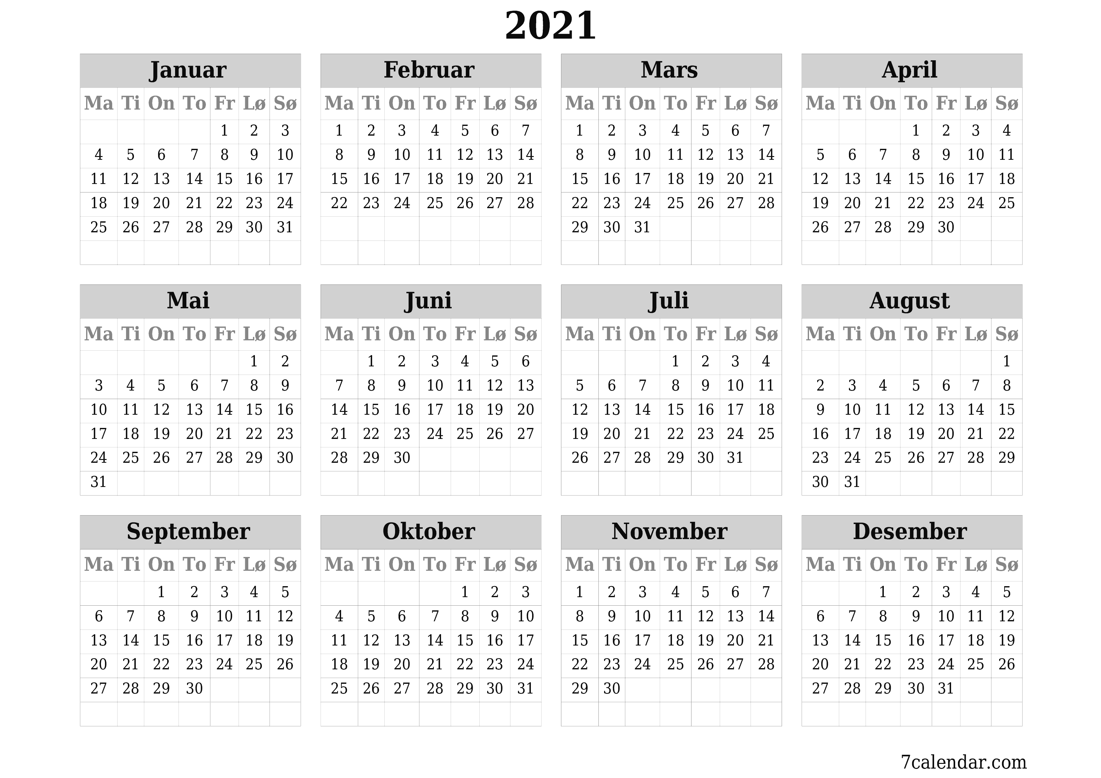 Tom årlig planleggerkalender for året 2021 med notater, lagre og skrive ut i PDF PNG Norwegian