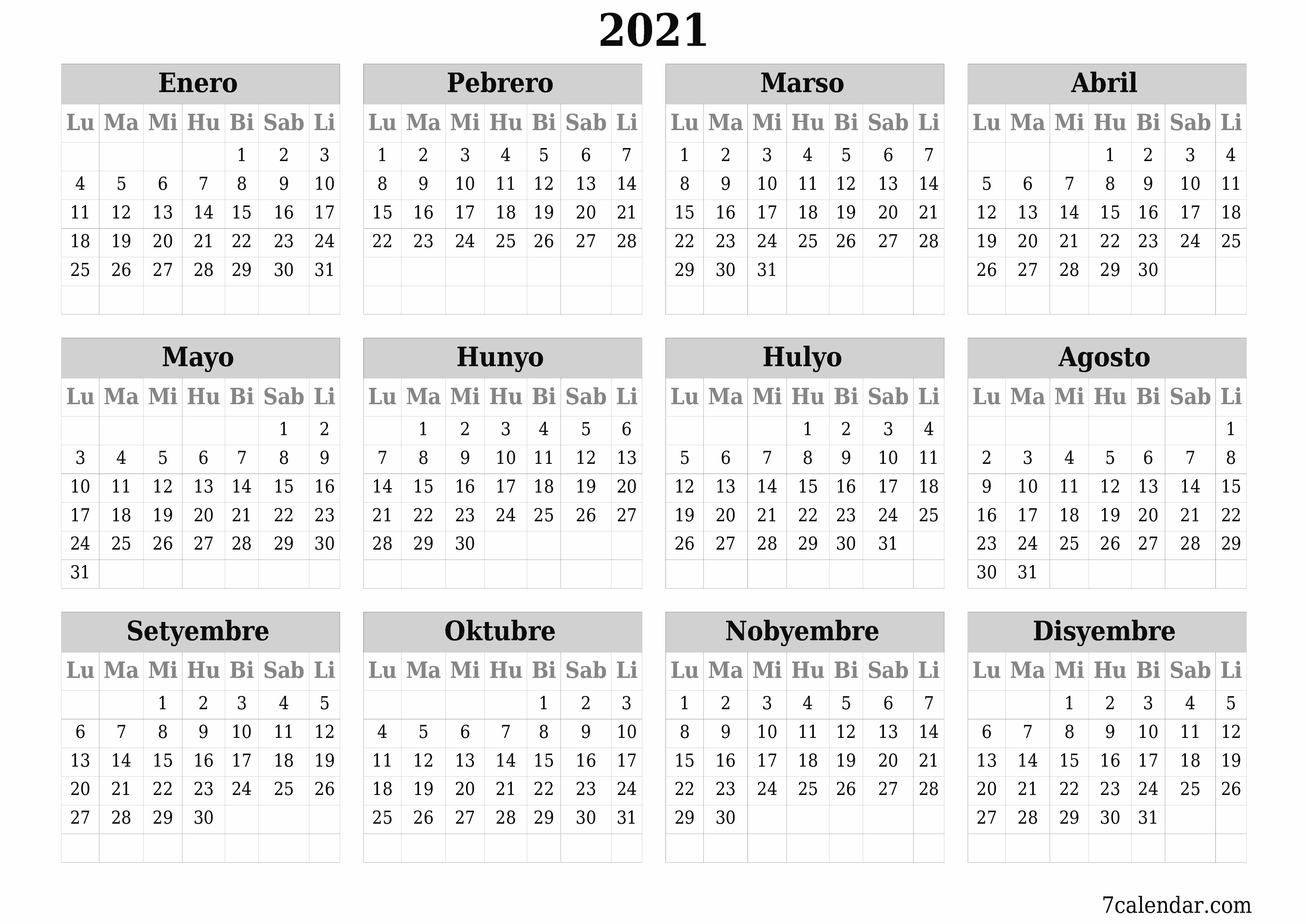 Walang laman ang taunang kalendaryo ng tagaplano para sa taong 2021 na may mga tala, i-save at i-print sa PDF PNG Filipino - 7calendar.com
