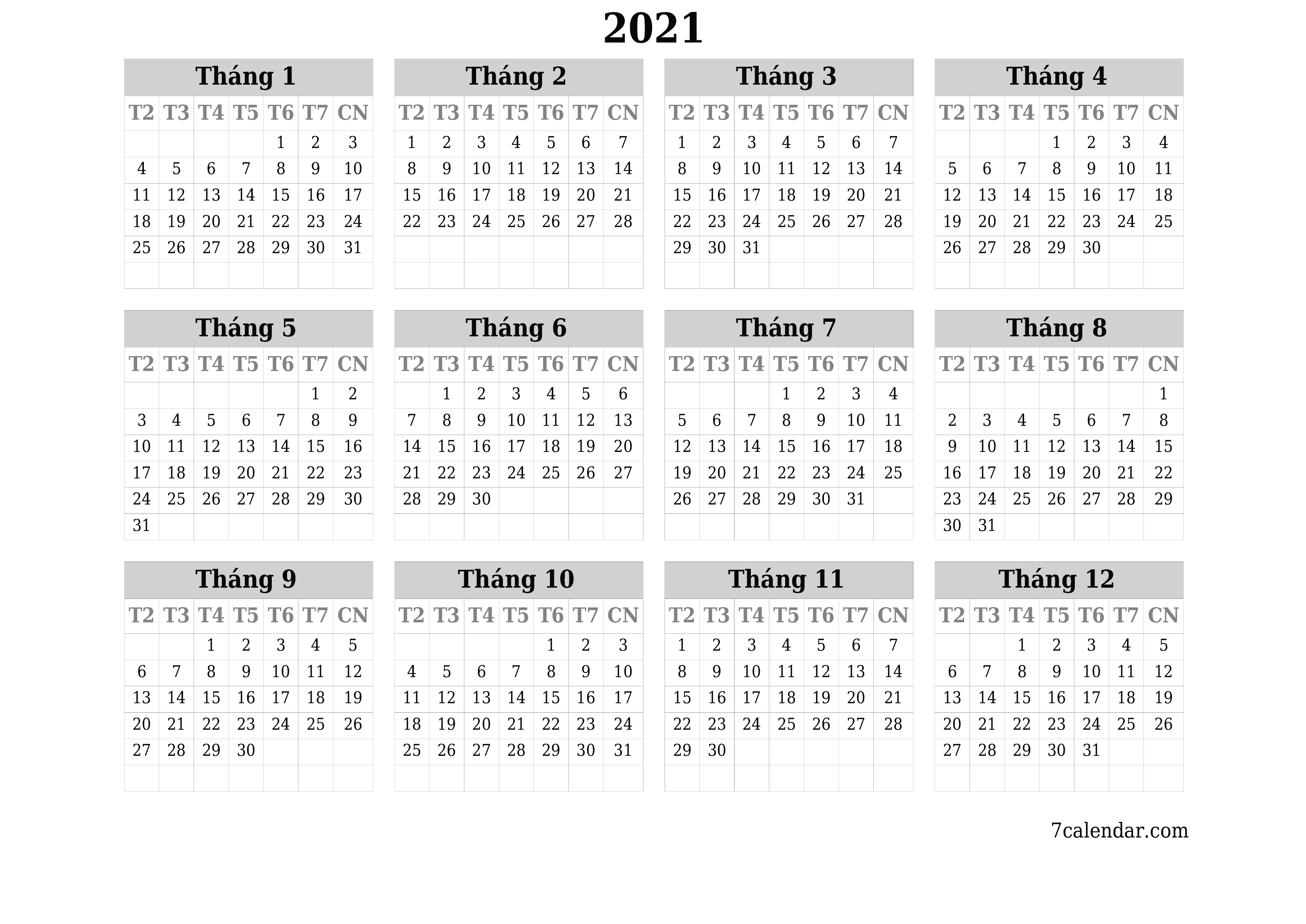 Lịch kế hoạch hàng năm trống cho năm 2021 có ghi chú, lưu và in sang PDF PNG Vietnamese - 7calendar.com