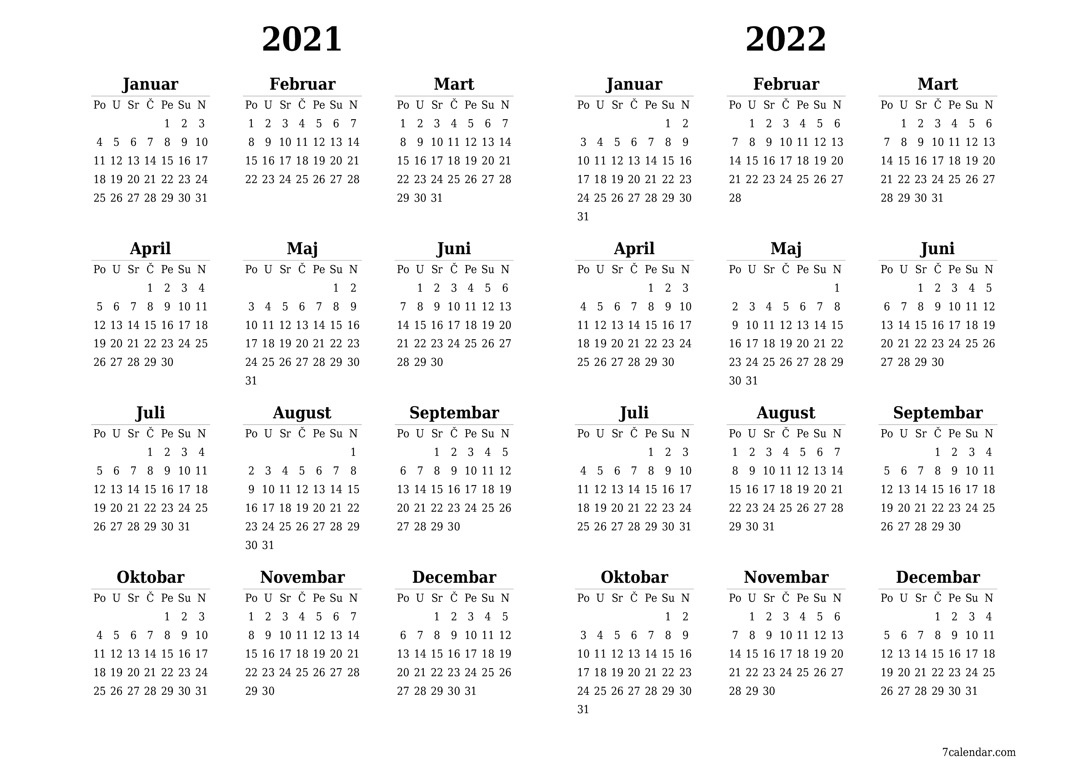 Prazan godišnji kalendar za godinu 2021, 2022 spremite i ispišite u PDF-u PNG Bosnian - 7calendar.com