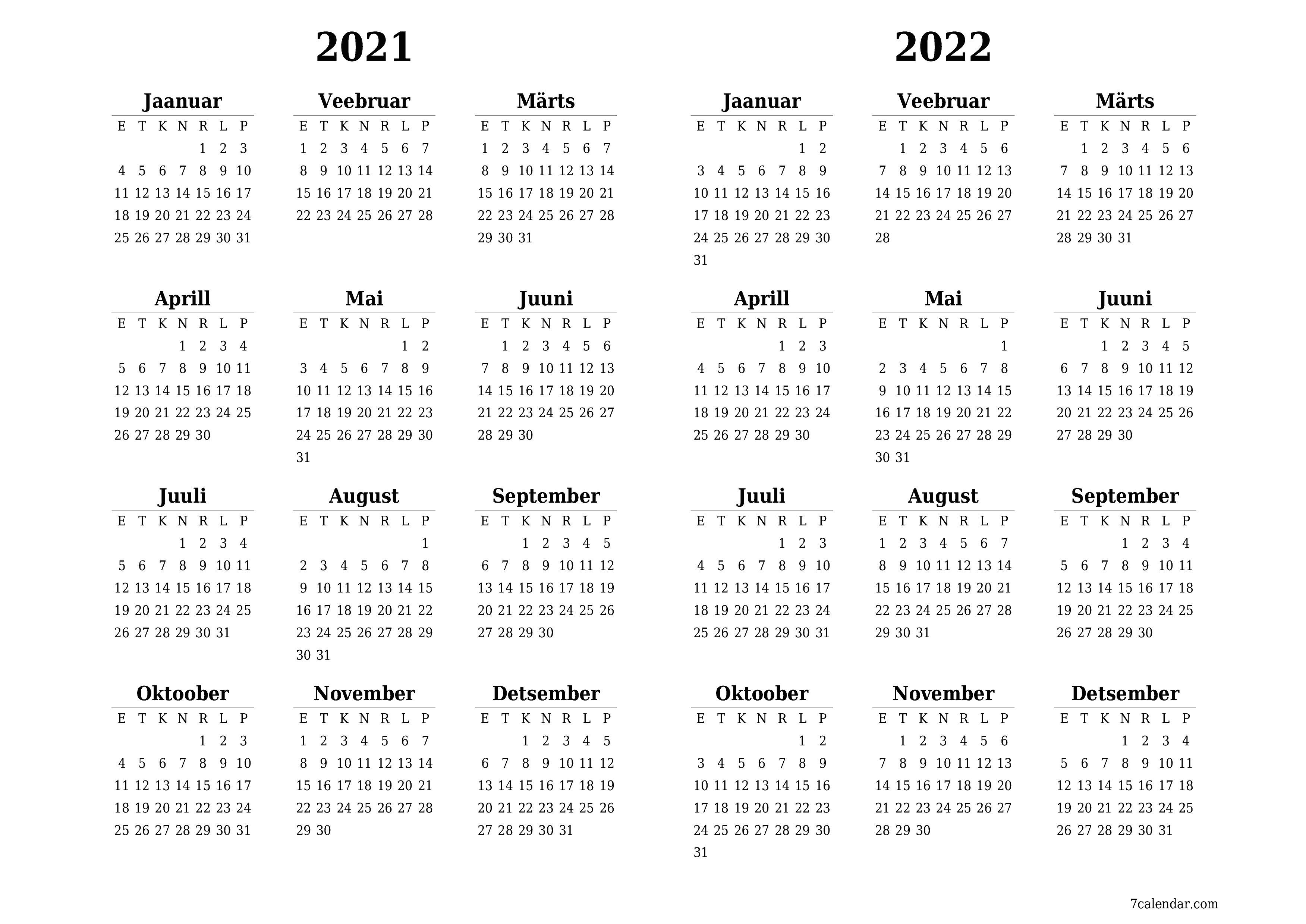 Tühi aasta planeerija kalender aastaks 2021, 2022 koos märkmetega, salvestage ja printige PDF-i PNG Estonian