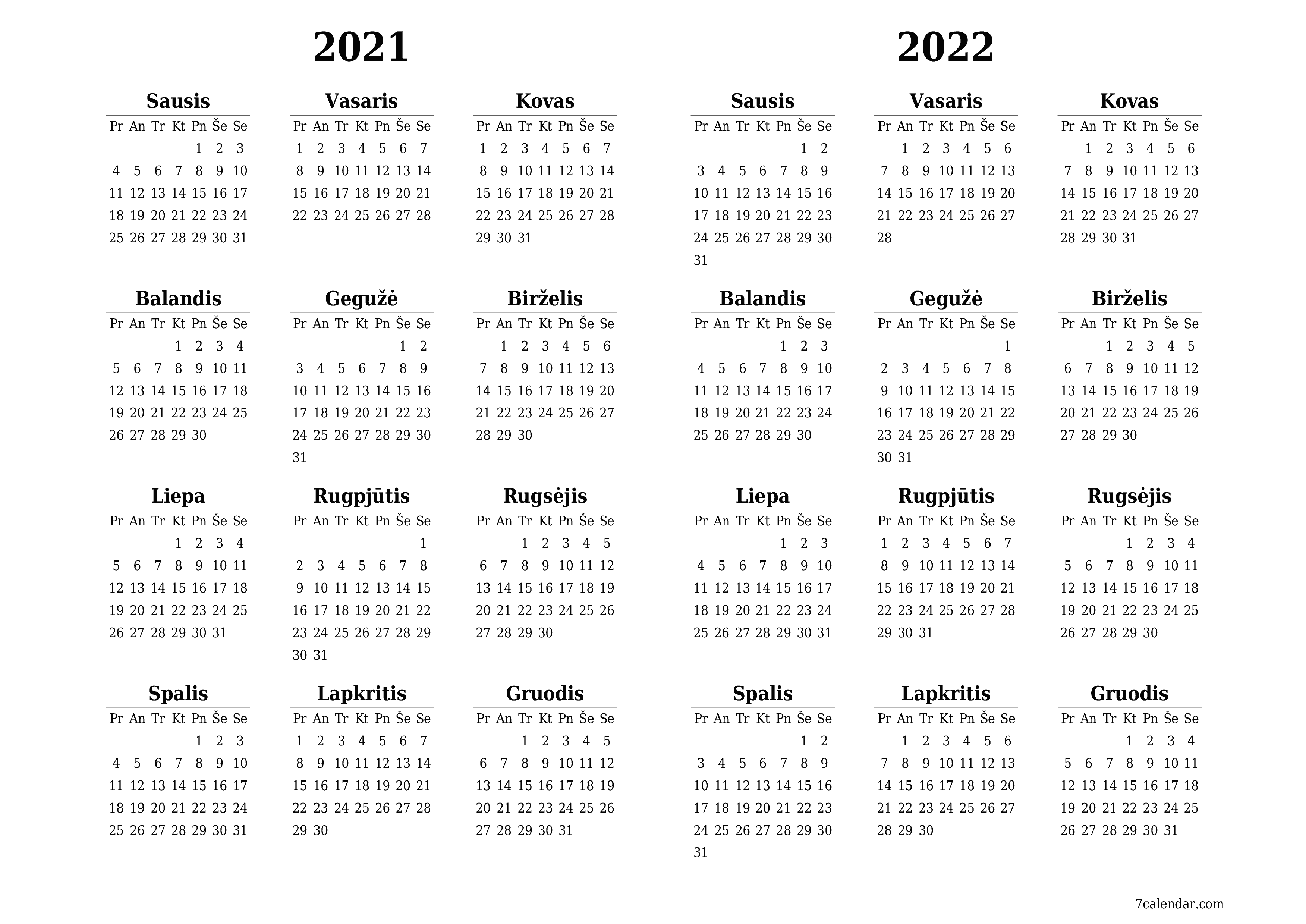 Tuščias metų planavimo kalendorius 2021, 2022 su užrašais, išsaugokite ir atsispausdinkite PDF formatu PNG Lithuanian - 7calendar.com