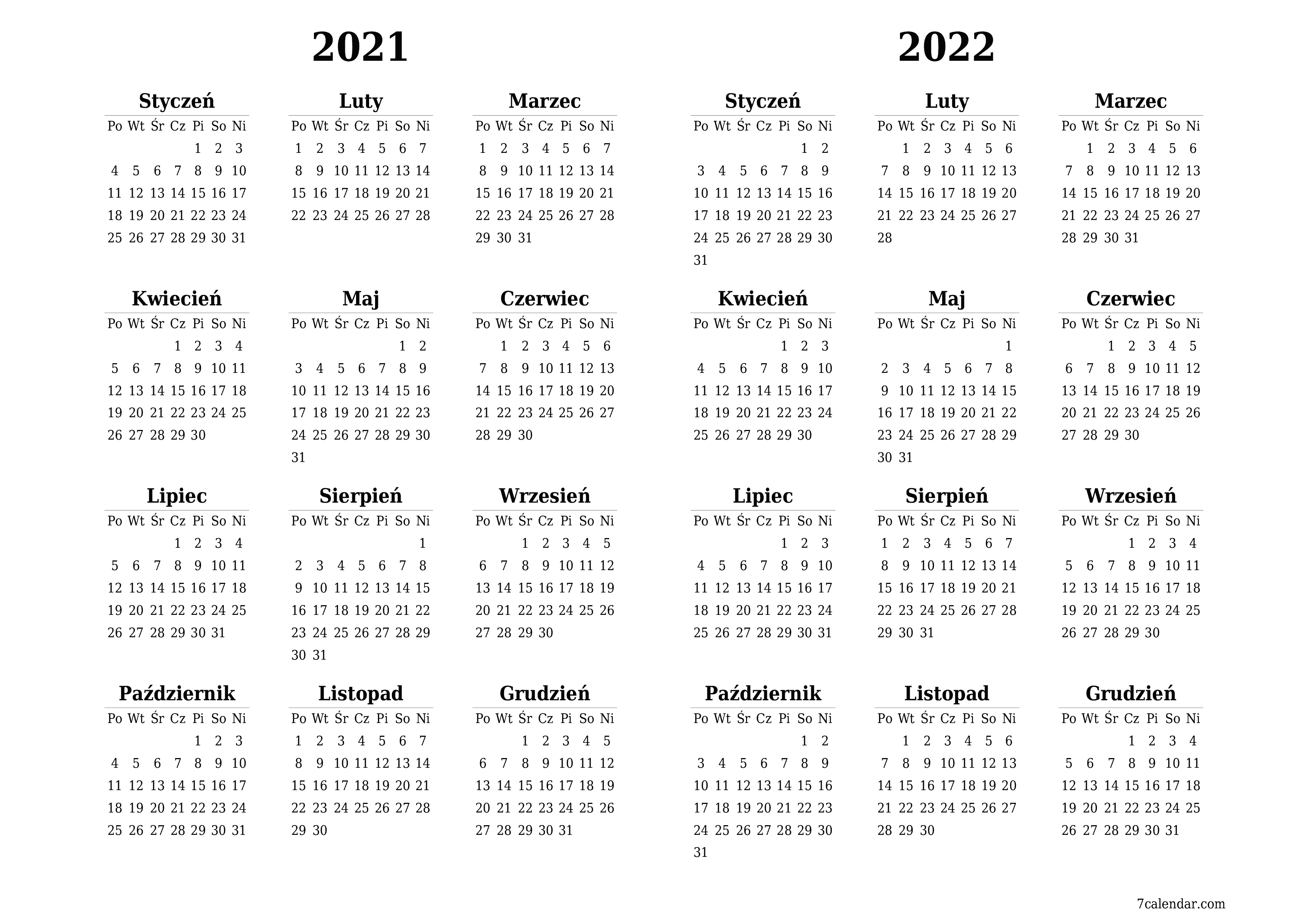 Opróżnij kalendarz rocznego planowania na rok 2021, 2022 z notatkami, zapisz i wydrukuj w formacie PDF PNG Polish