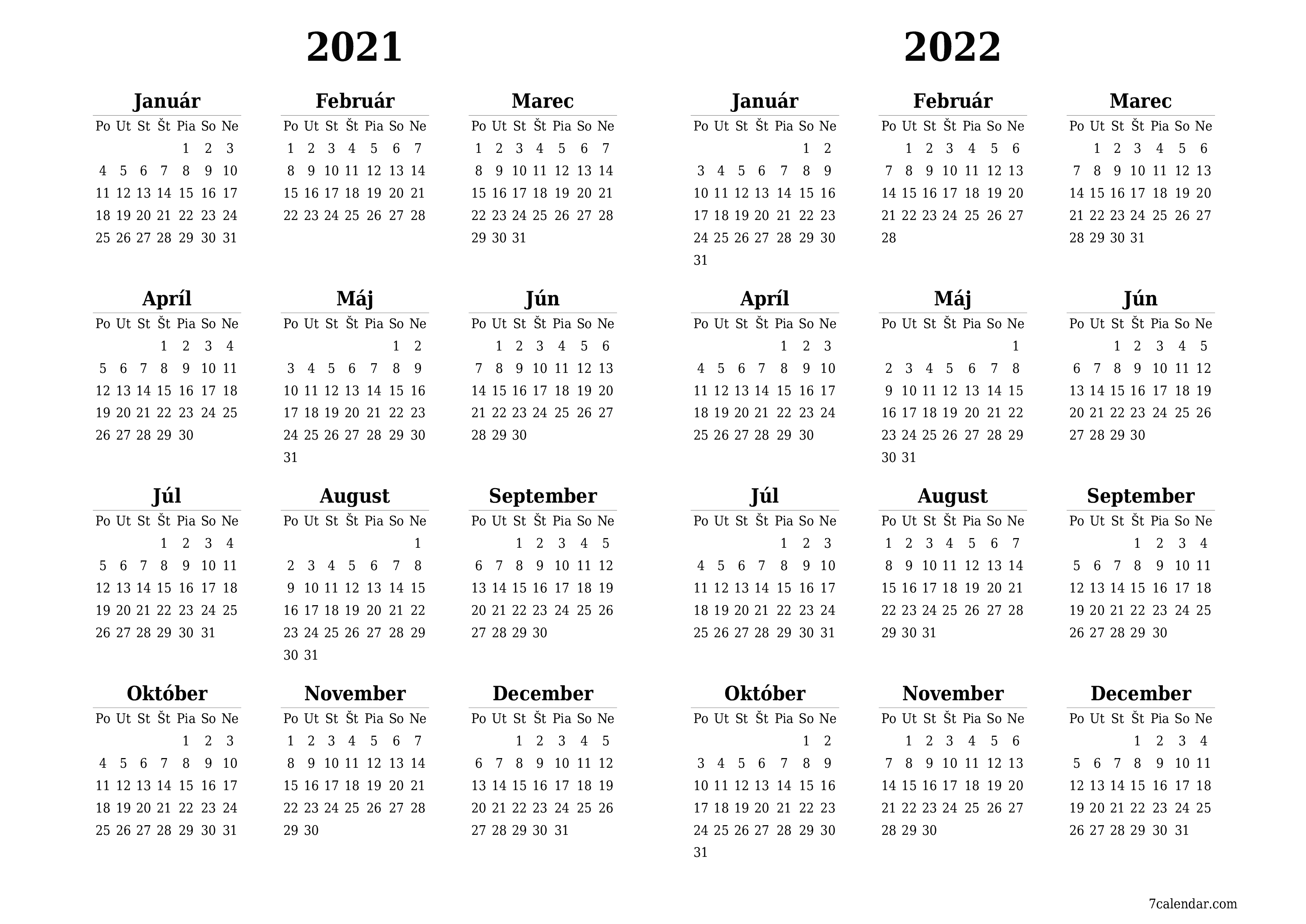 Prázdny ročný kalendár plánovača na rok 2021, 2022 s poznámkami, uložením a tlačou do formátu PDF PNG Slovak