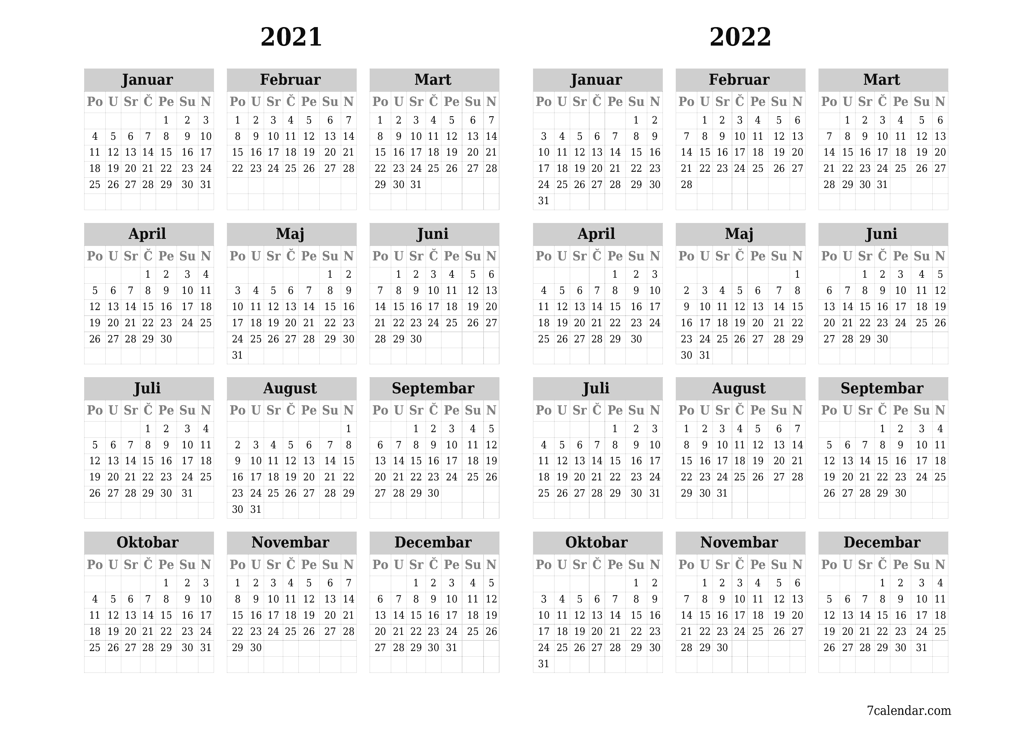 Ispraznite godišnji kalendar planera za godinu 2021, 2022 s bilješkama, spremite i ispišite u PDF PNG Bosnian