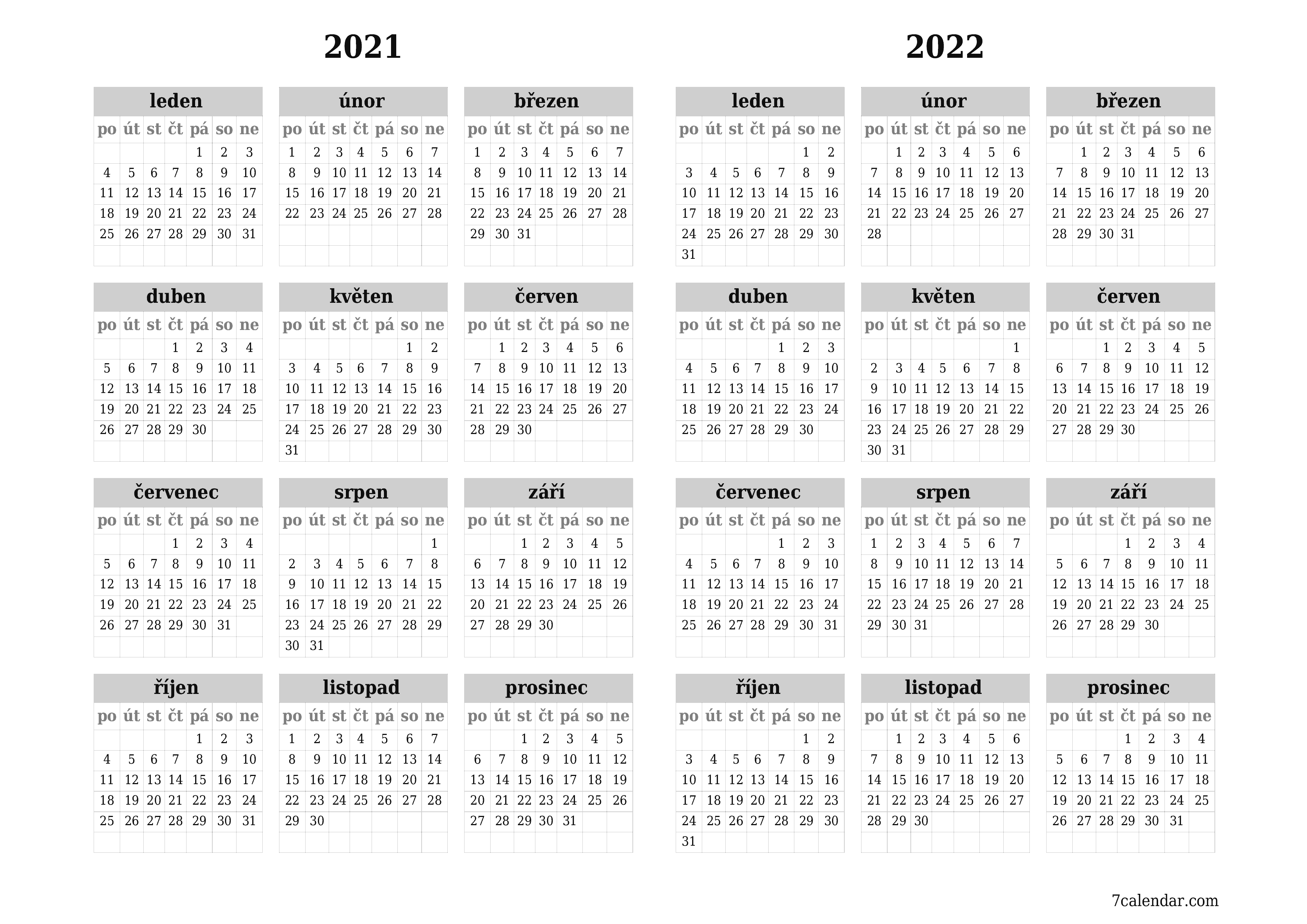 Prázdný roční kalendář plánovače pro rok 2021, 2022 s poznámkami, uložením a tiskem do PDF PNG Czech