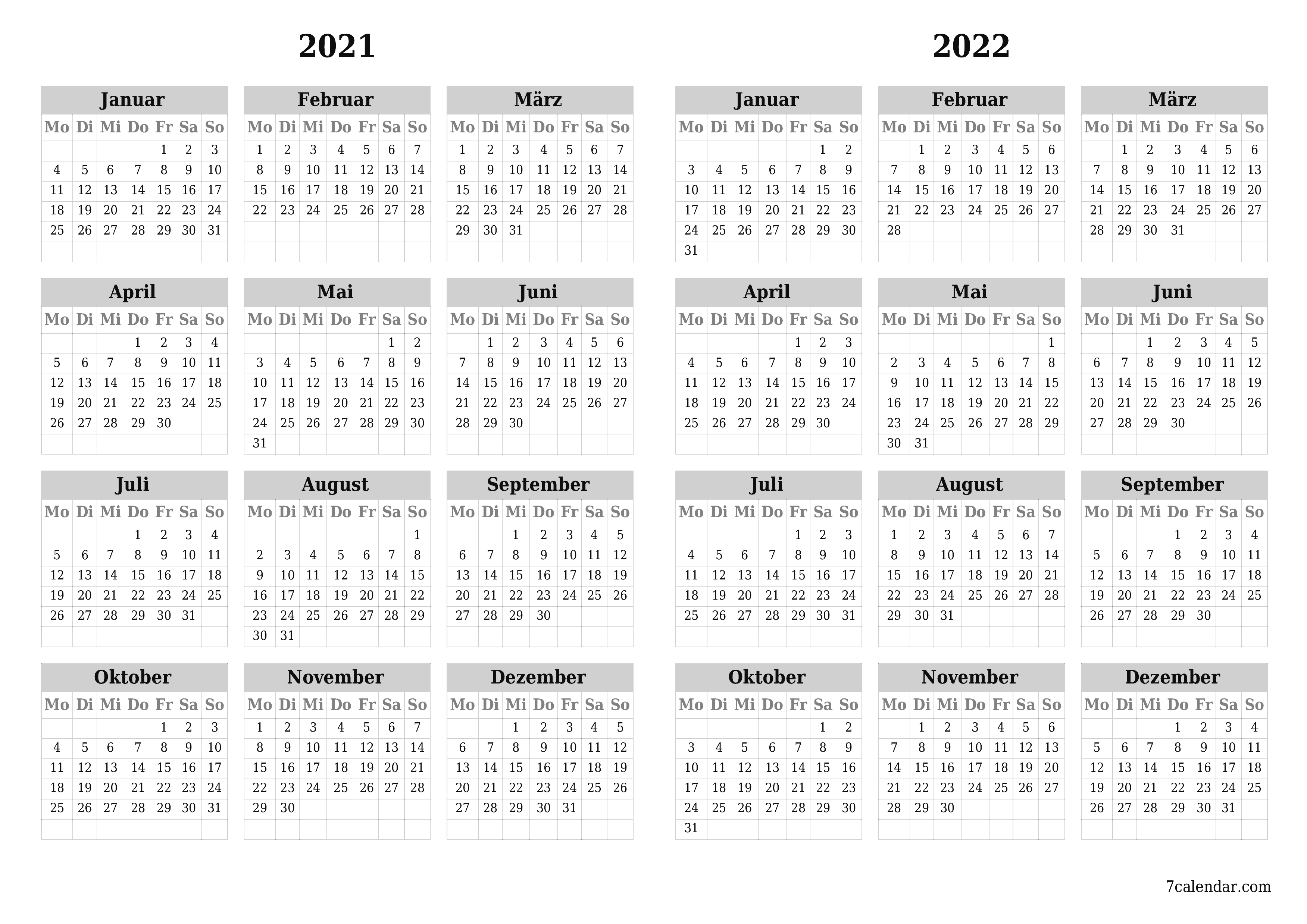  zum Ausdrucken Wandkalender vorlage kostenloser horizontal Jahreskalender Kalender Dezember (Dez) 2021
