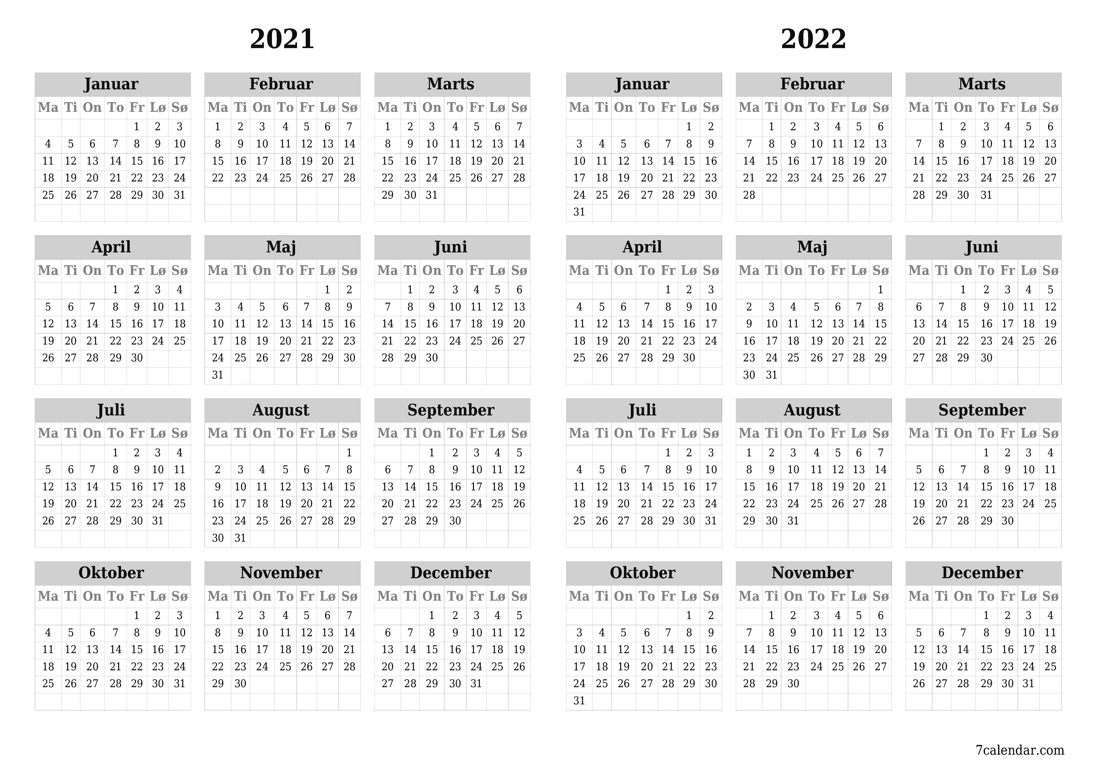 Tom årlig planlægningskalender for året 2021, 2022 med noter, gem og udskriv til PDF PNG Danish