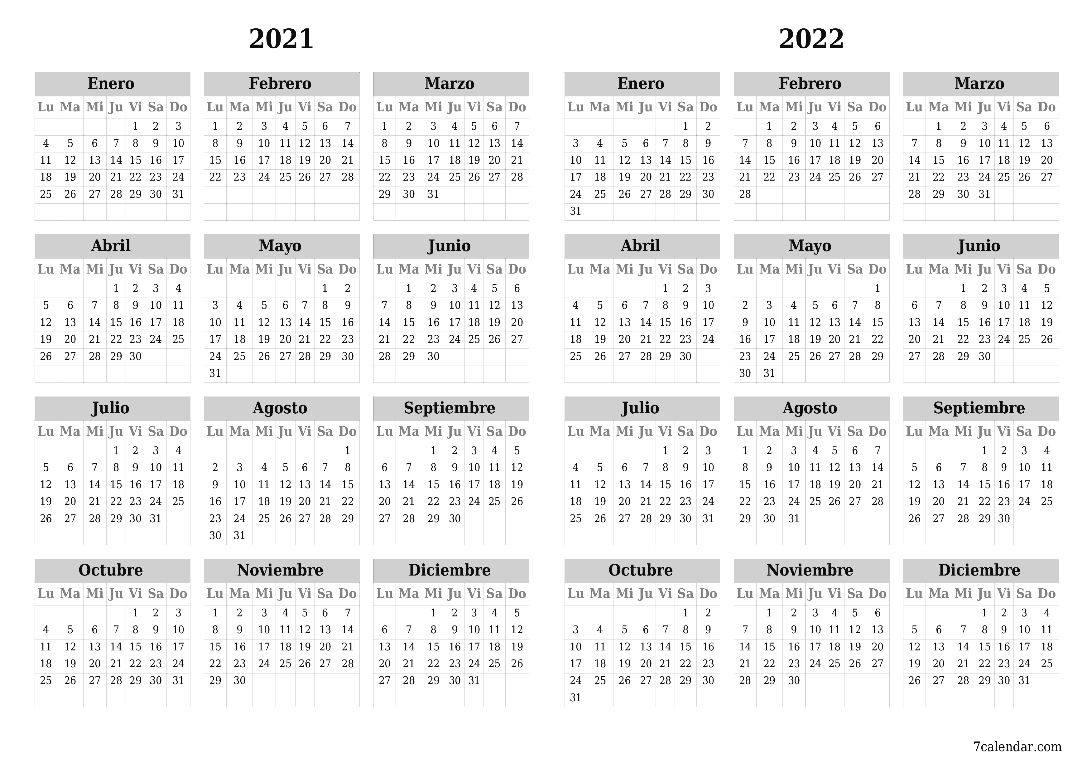 Calendario anual en blanco para el año 2021, 2022 guardar e imprimir en PDF PNG Spanish - 7calendar.com