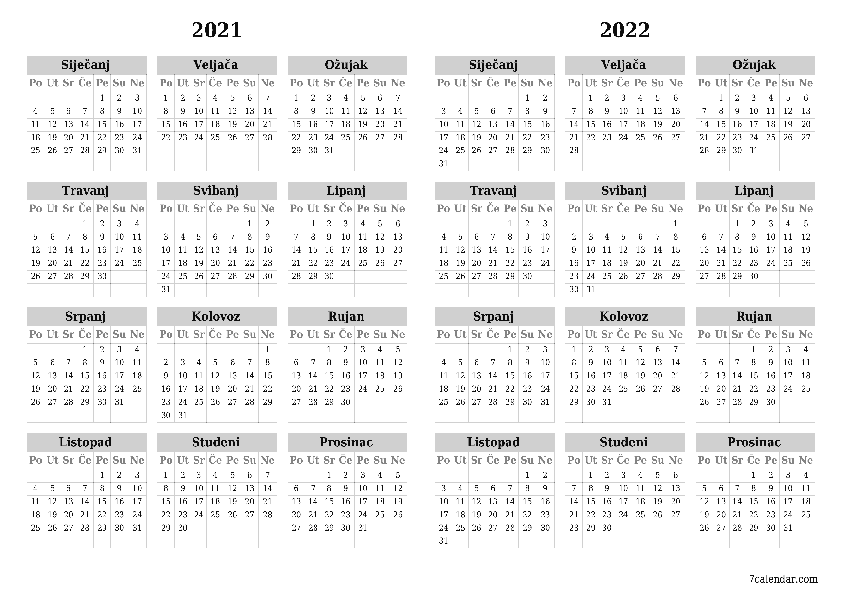 Ispraznite godišnji kalendar planera za godinu 2021, 2022 s bilješkama, spremite i ispišite u PDF PNG Croatian
