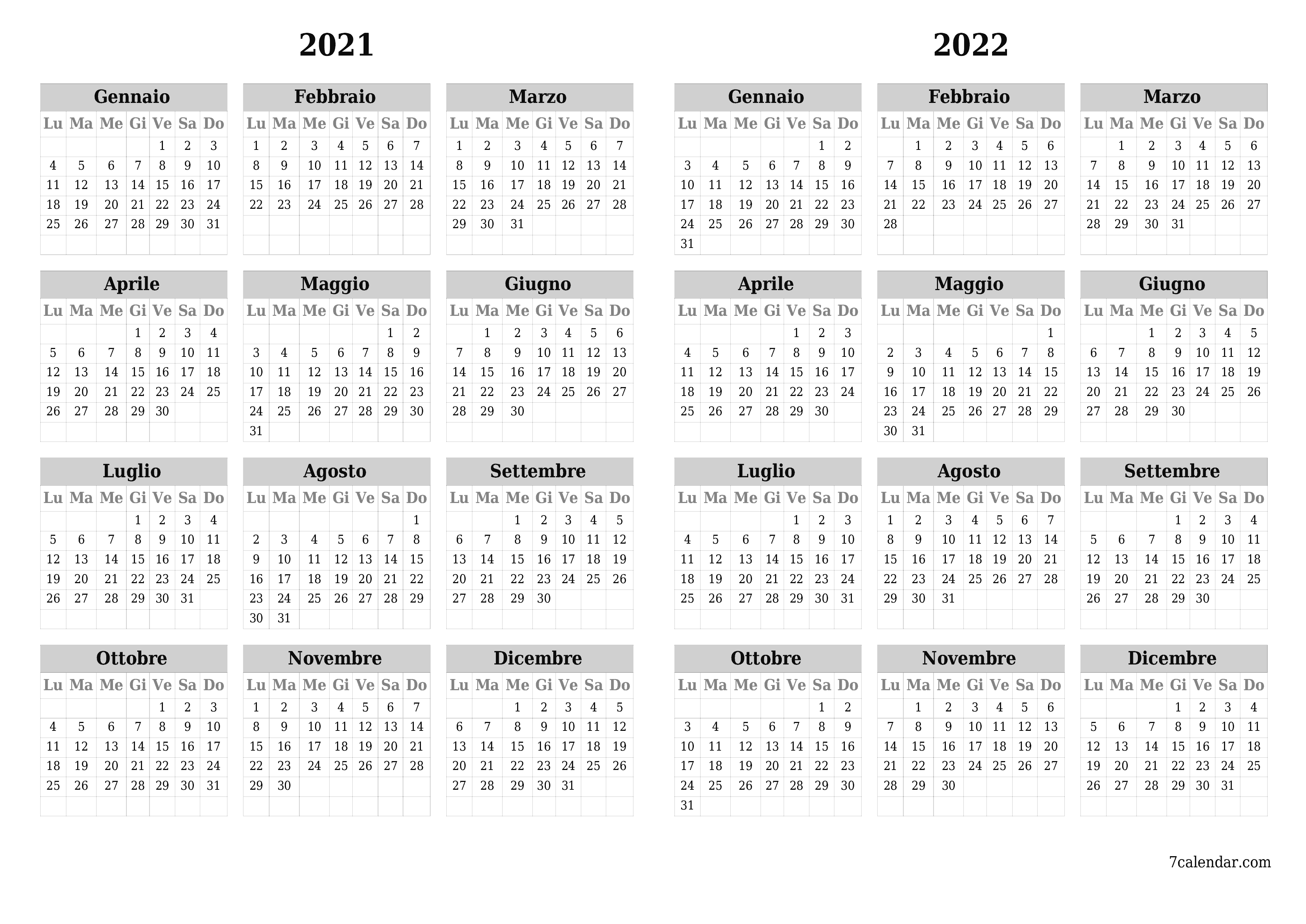 Calendario pianificatore annuale vuoto per l'anno 2021, 2022 con note, salva e stampa in PDF PNG Italian