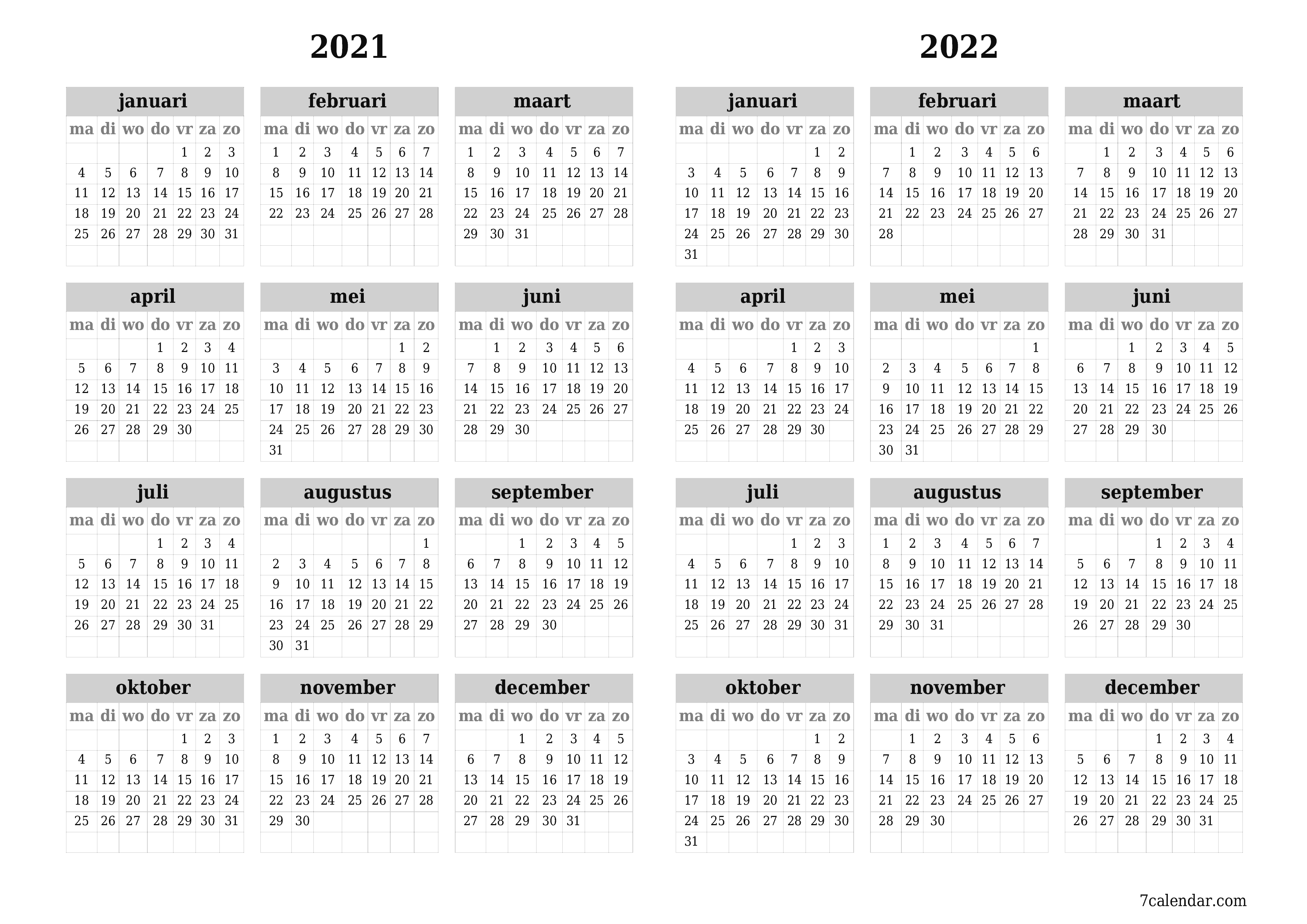Lege jaarplanningskalender voor het jaar 2021, 2022 met notities, opslaan en afdrukken naar pdf PNG Dutch