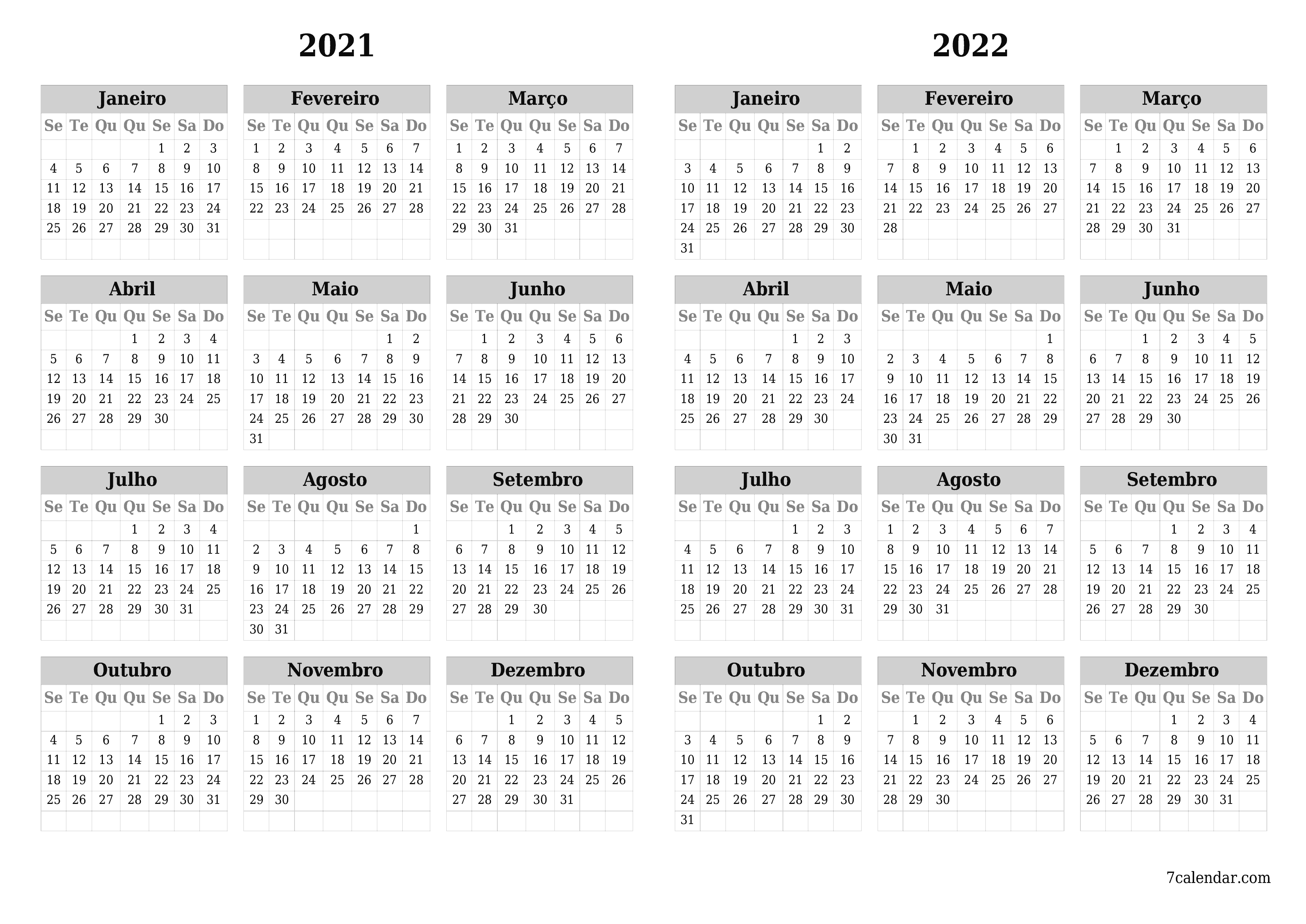 Calendário de planejador anual vazio para o ano 2021, 2022 com notas, salve e imprima em PDF PNG Portuguese