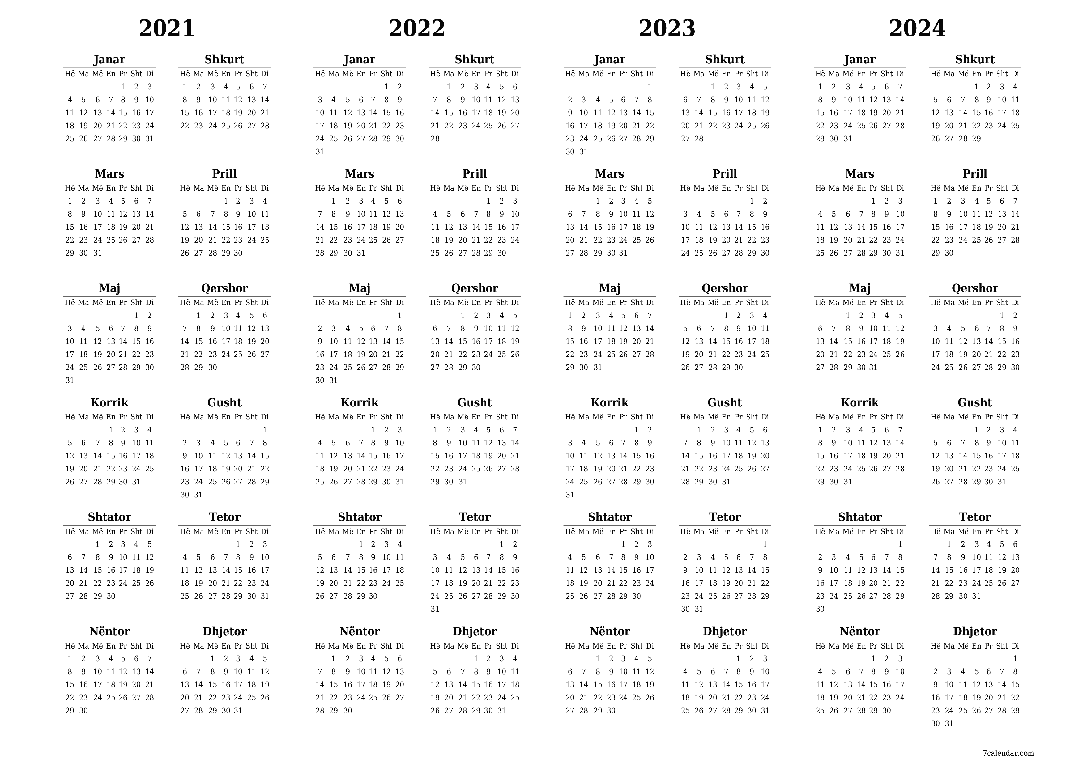 Planifikuesi bosh i kalendarit vjetor për vitin 2021, 2022, 2023, 2024 me shënime, ruani dhe printoni në PDF PNG Albanian - 7calendar.com