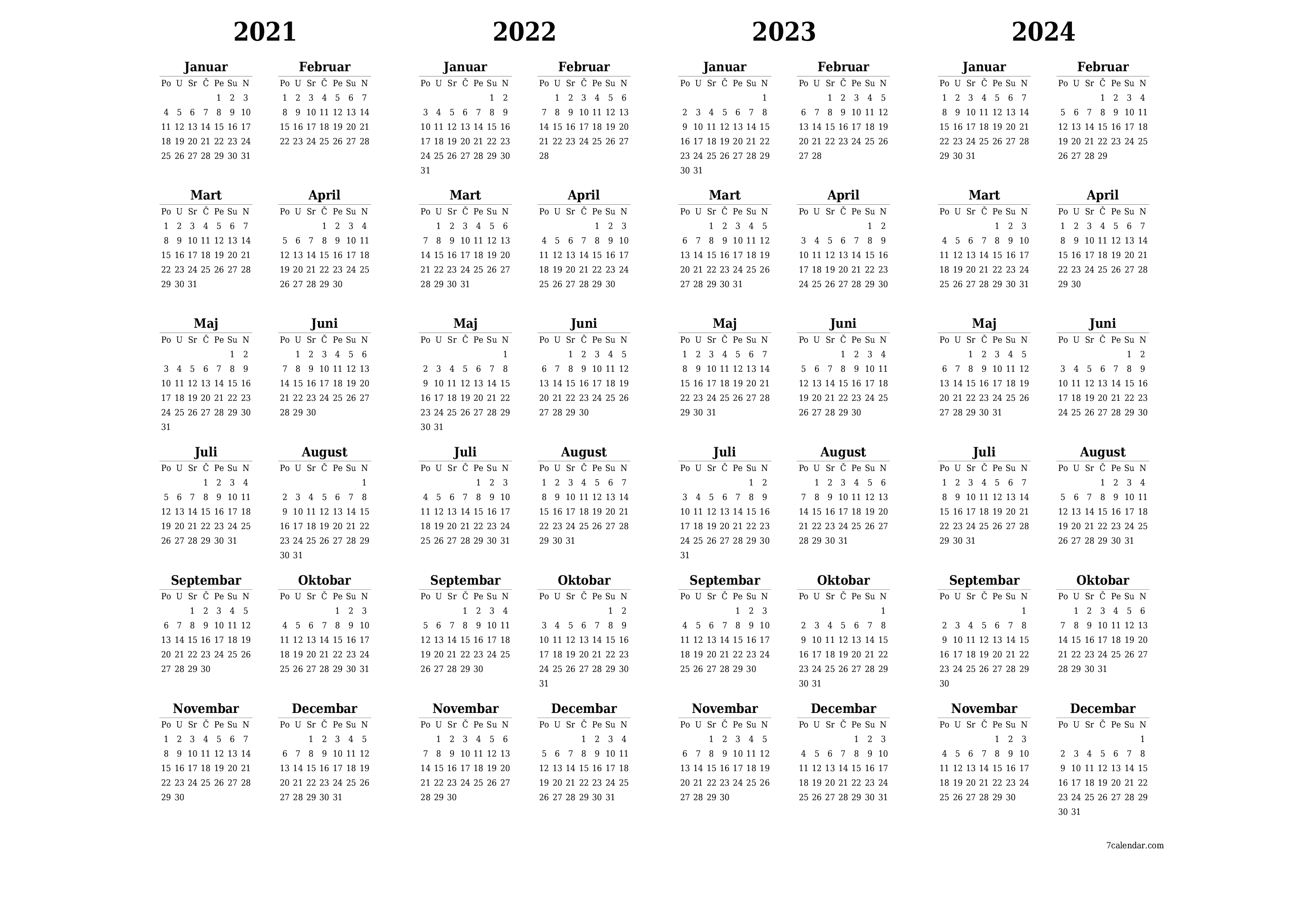 Ispraznite godišnji kalendar planera za godinu 2021, 2022, 2023, 2024 s bilješkama, spremite i ispišite u PDF PNG Bosnian