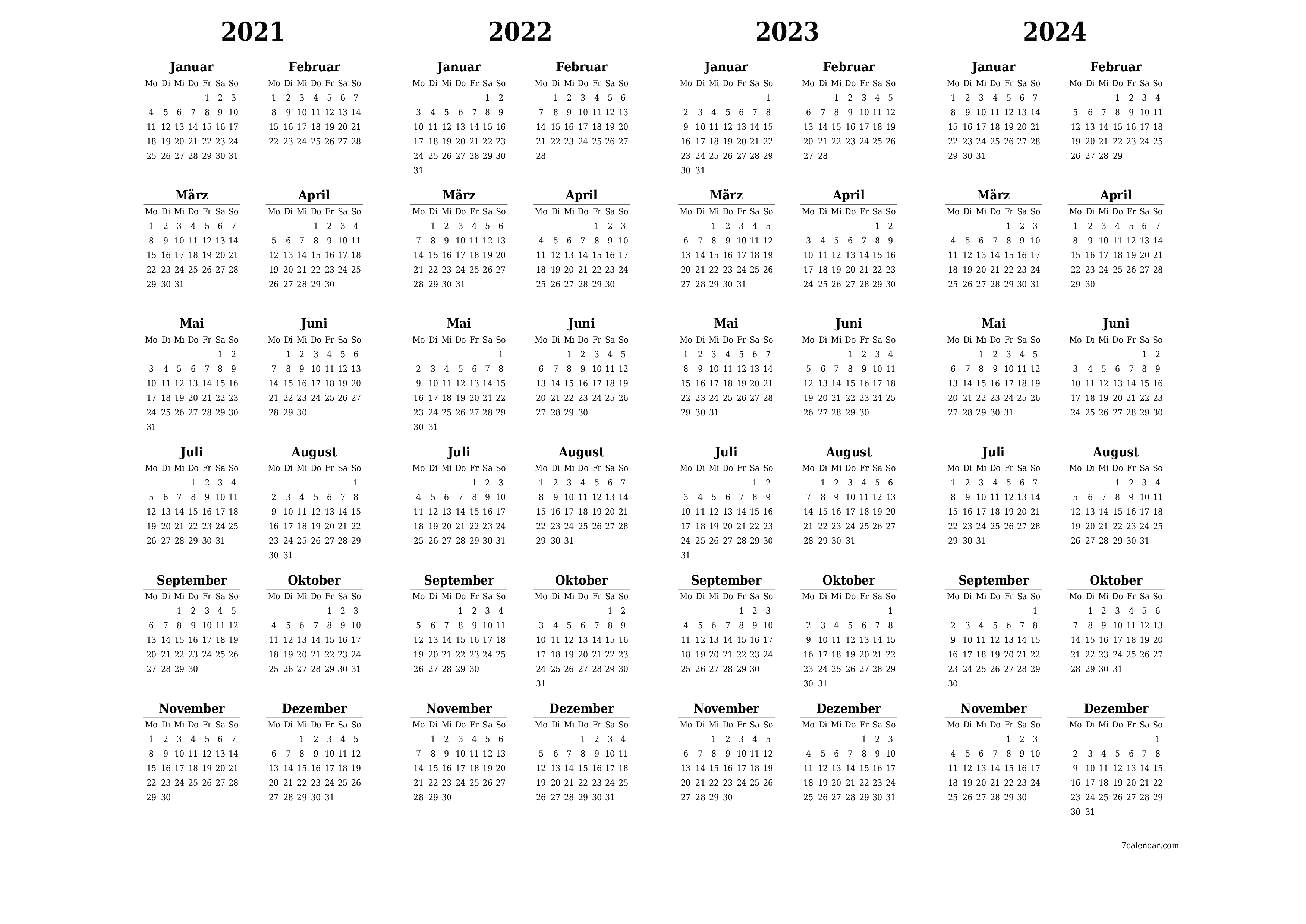 Jahresplanerkalender für das Jahr 2021, 2022, 2023, 2024 mit Notizen leeren, speichern und als PDF PNG German - 7calendar.com drucken
