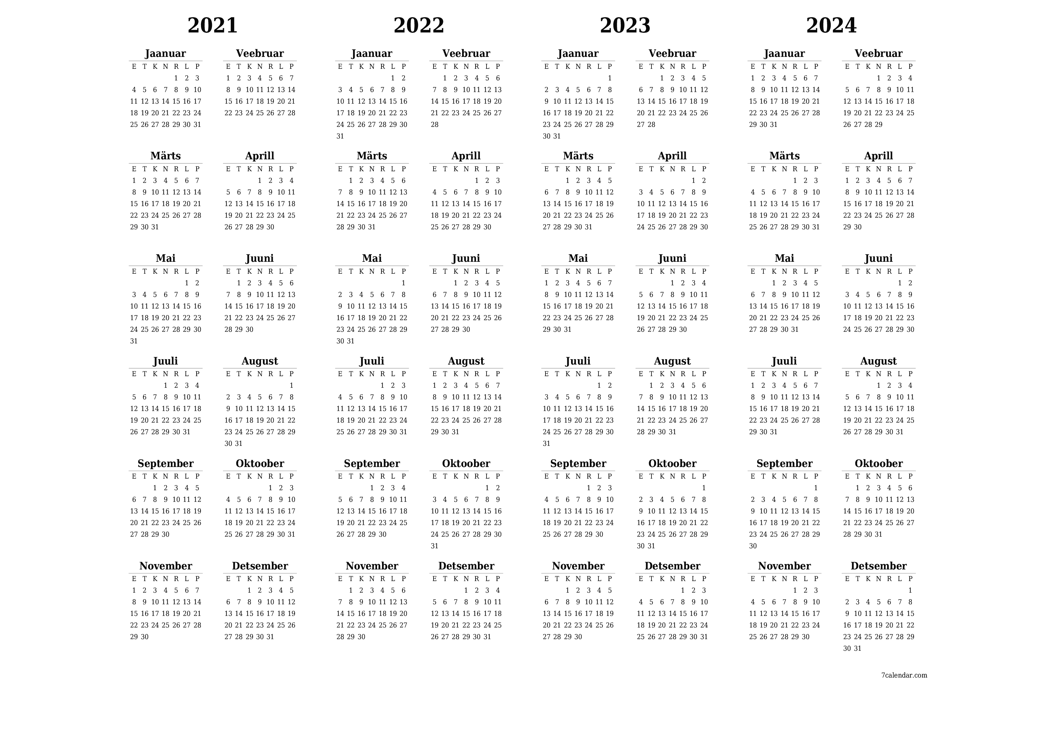 Tühi aasta planeerija kalender aastaks 2021, 2022, 2023, 2024 koos märkmetega, salvestage ja printige PDF-i PNG Estonian