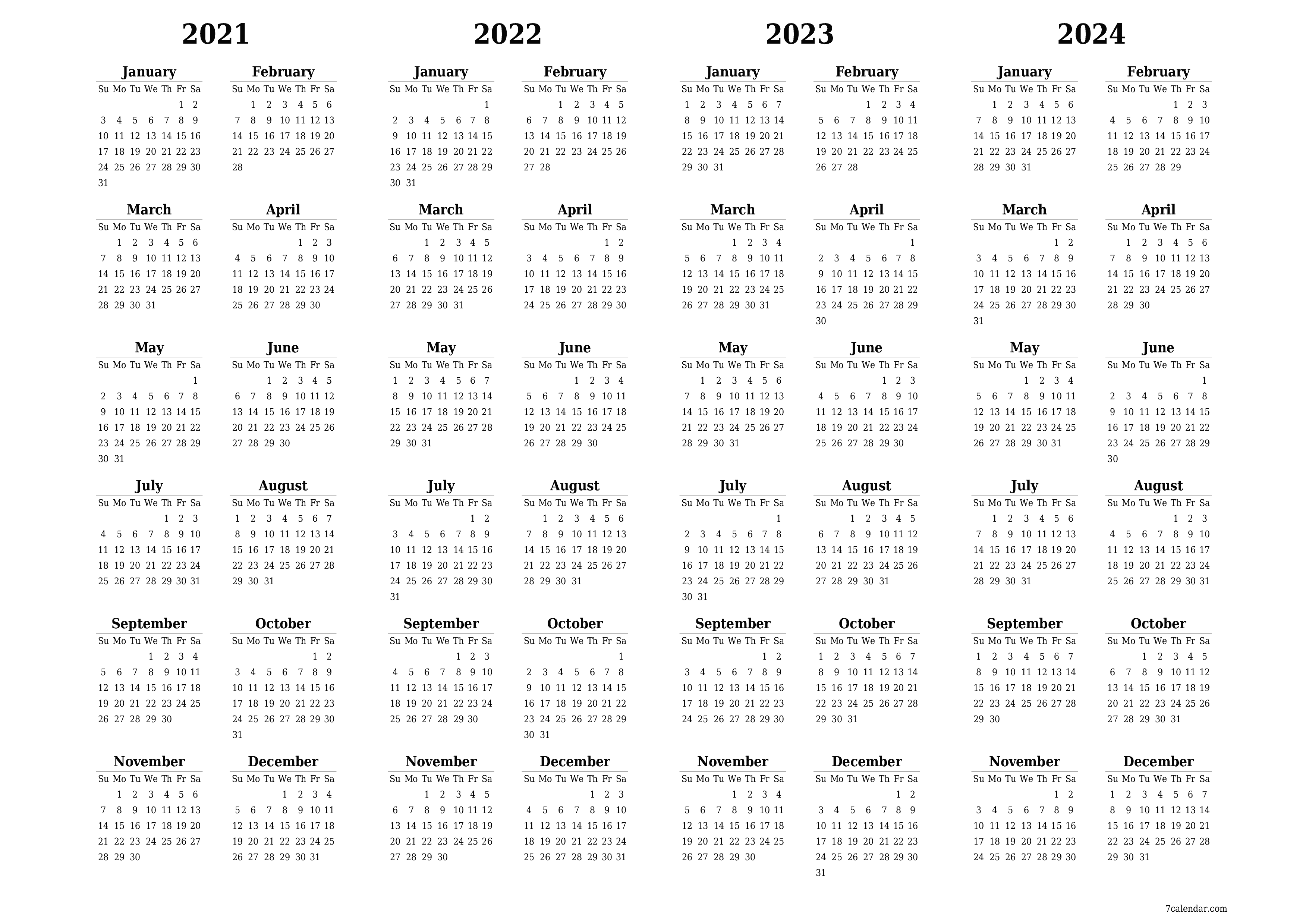 Blank calendar 2021, 2022, 2023, 2024