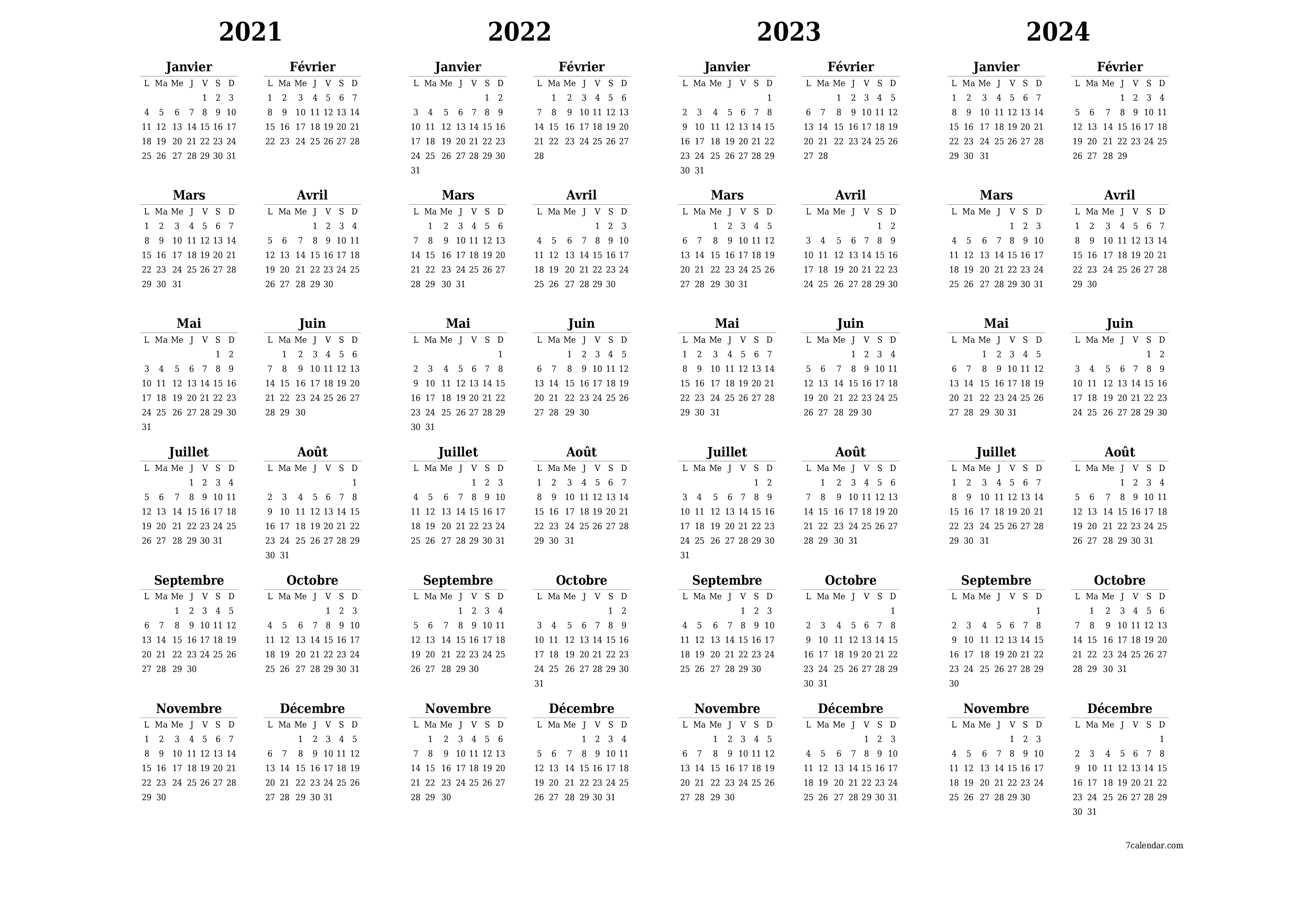 Calendrier annuel vide pour l'année 2021, 2022, 2023, 2024 avec notes, enregistrer et imprimer au format PDF PNG French
